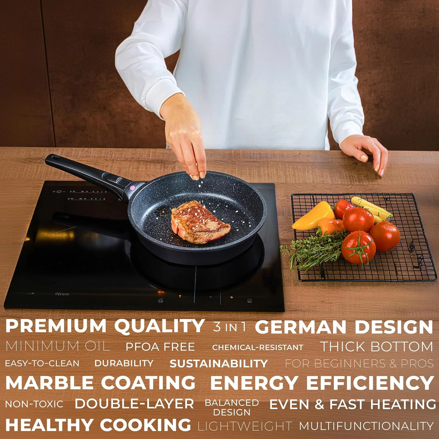 ست 3 تایی تابه نچسب جیپفل اینترنشنال در سایزهای 8، 10 و 12 اینچ - تابه آلومینیوم دایکاست با دسته جداشدنی - تابه نچسب مناسب پخت و پز سالم، سازگار با اجاق گازهای القایی، فاقد PFOA