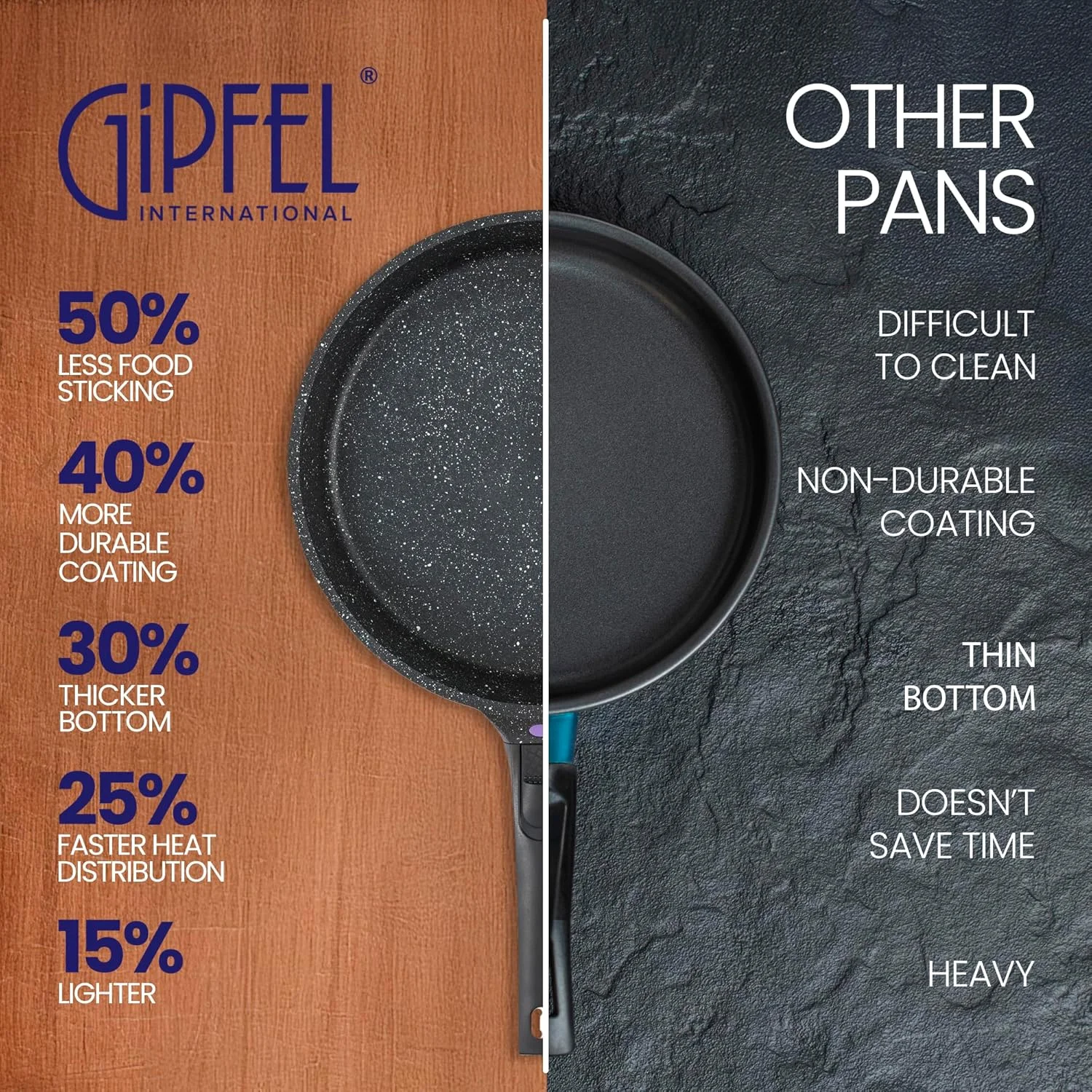 ست 3 تایی تابه نچسب جیپفل اینترنشنال در سایزهای 8، 10 و 12 اینچ - تابه آلومینیوم دایکاست با دسته جداشدنی - تابه نچسب مناسب پخت و پز سالم، سازگار با اجاق گازهای القایی، فاقد PFOA