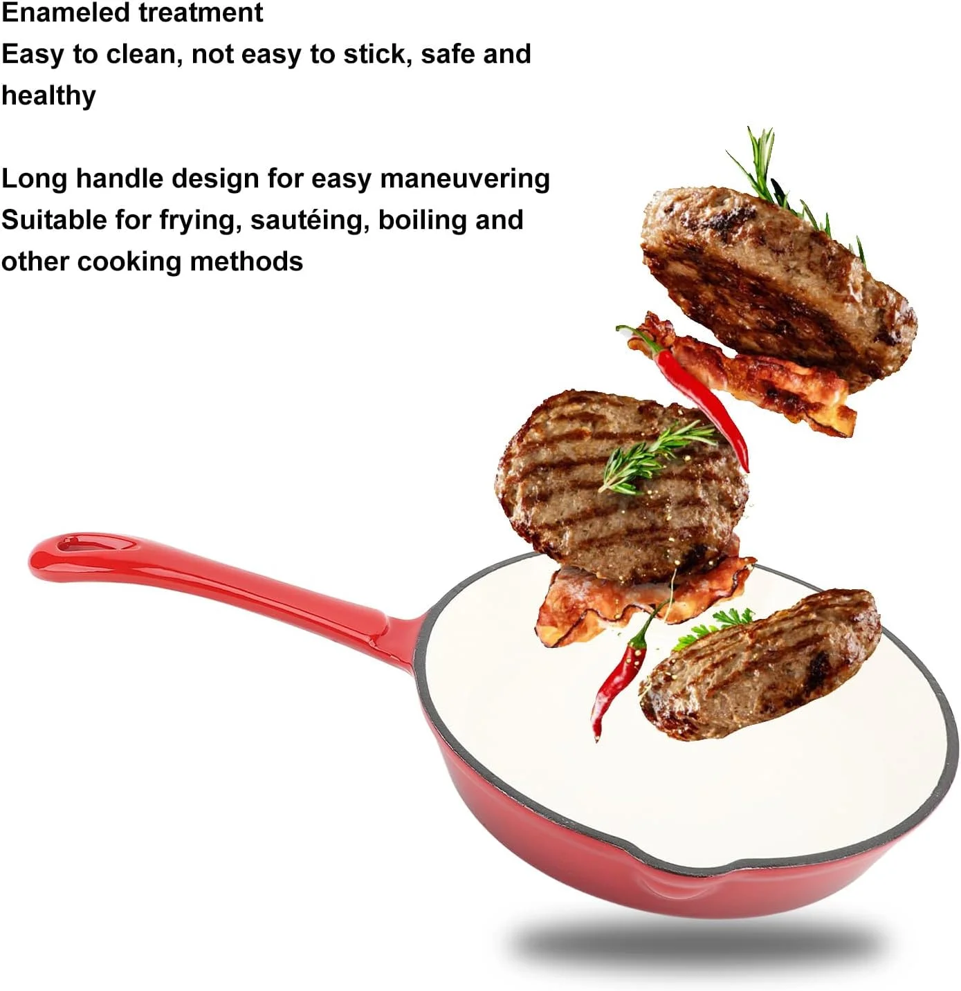 تابه گرد چدنی لعاب دار gernie، تابه نچسب با دسته بلند، تابه گریل برای پخت و پز و کمپینگ (16 سانتی متر)