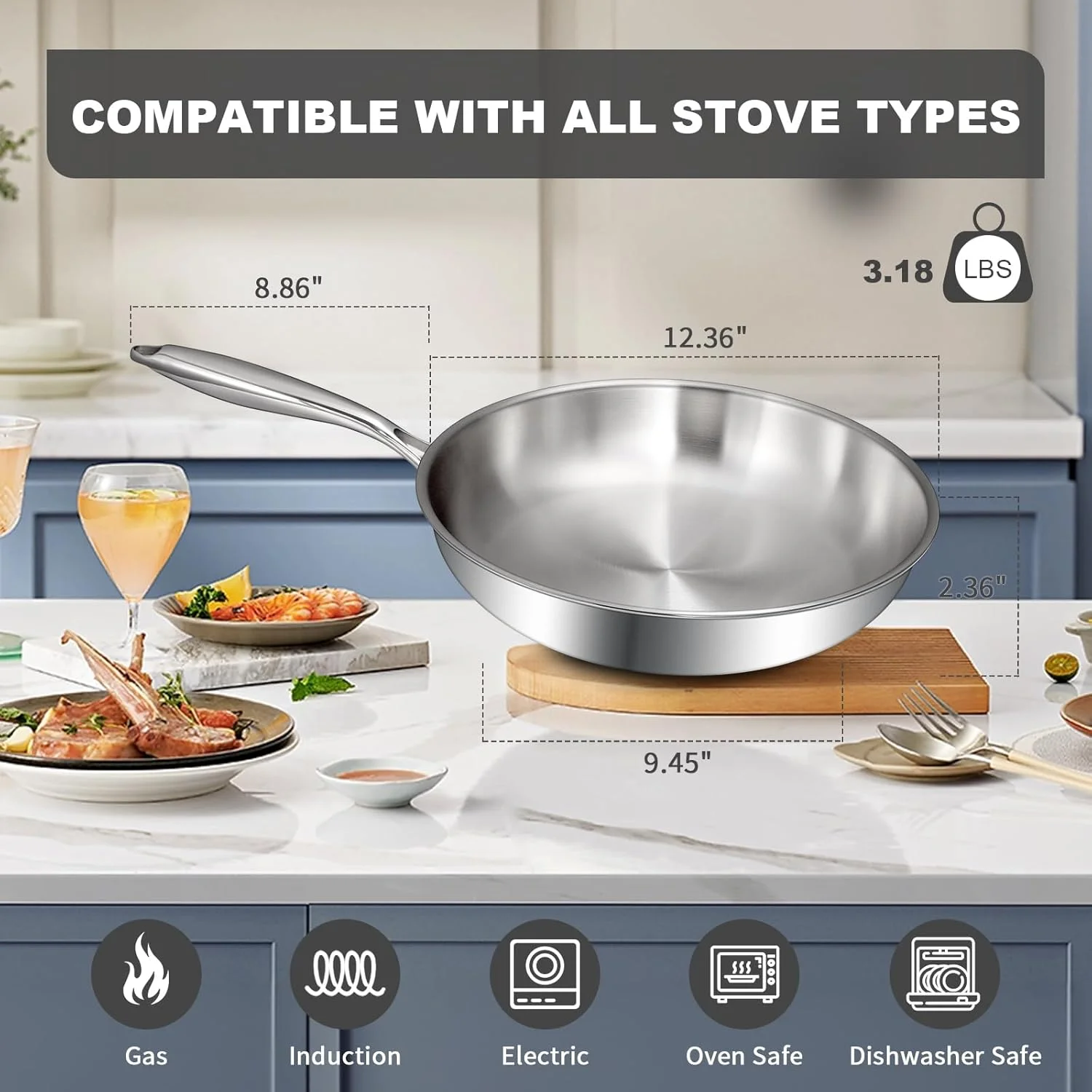 تابه استیل سه لایه EWFEN سایز 12 اینچ، تابه استیل بدون درب، سازگار با اجاق گاز القایی تابه استیل سه لایه EWFEN سایز 12 اینچ، تابه استیل بدون درب، سازگار با اجاق گاز القایی