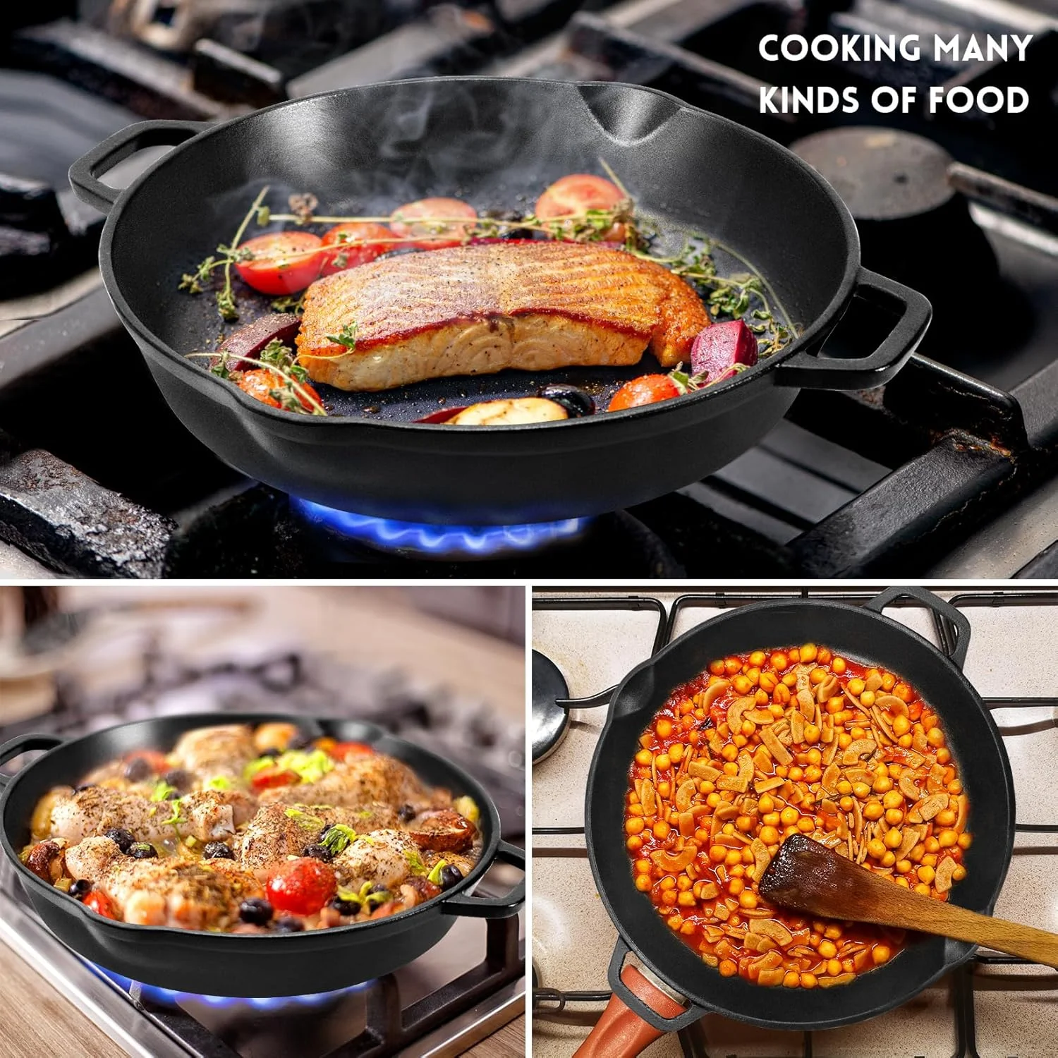 تابه چدنی 10.5 اینچی GGC، تابه چدنی با دو دسته برای آشپزخانه منزل، پخت و پز در فضای داخلی و خارجی، ظروف پخت و پز ایمن برای فر، اجاق گاز، گریل، دودی، القایی یا آتش کمپ تابه چدنی 10.5 اینچی GGC، تابه چدنی با دو دسته برای آشپزخانه منزل، پخت و پز در فضای داخلی و خارجی، ظروف پخت و پز ایمن برای فر، اجاق گاز، گریل، دودی، القایی یا آتش کمپ