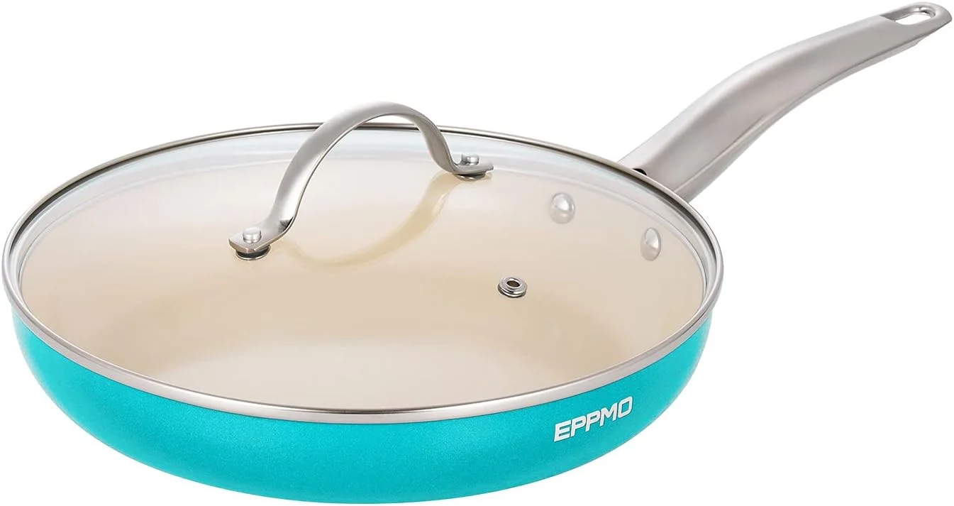 تابه سرامیکی نچسب EPPMO، تابه سرخ کن غیر سمی با دسته استیل ضد زنگ و درب شیشه ای حرارت دیده، آبی، 10 اینچ تابه سرامیکی نچسب EPPMO، تابه سرخ کن غیر سمی با دسته استیل ضد زنگ و درب شیشه ای حرارت دیده، آبی، 10 اینچ