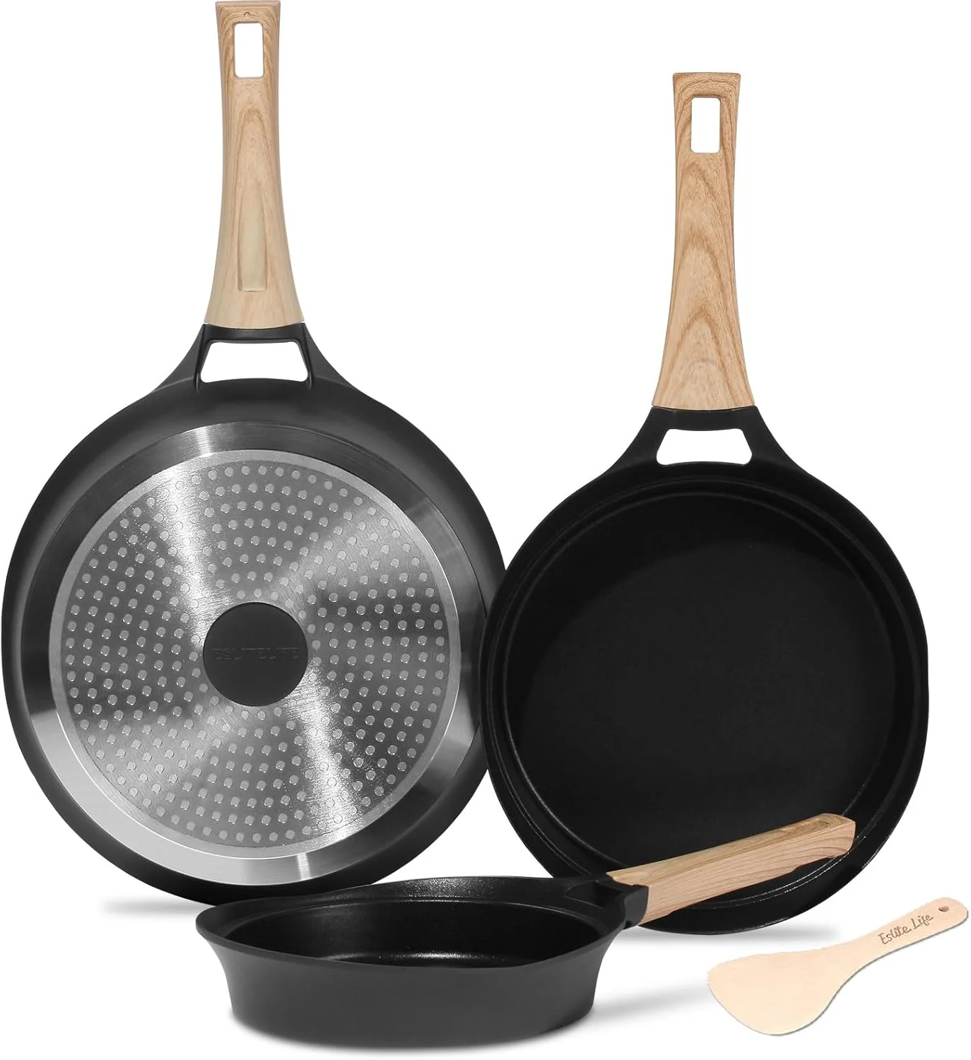 ست تابه و ماهیتابه نچسب عمیق اسلایت لایف، پوشش گرانیتی سالم، تابه املت تخم مرغ، ظروف سنگی آشپزی، بدون PFOA (مشکی، 4 تکه)