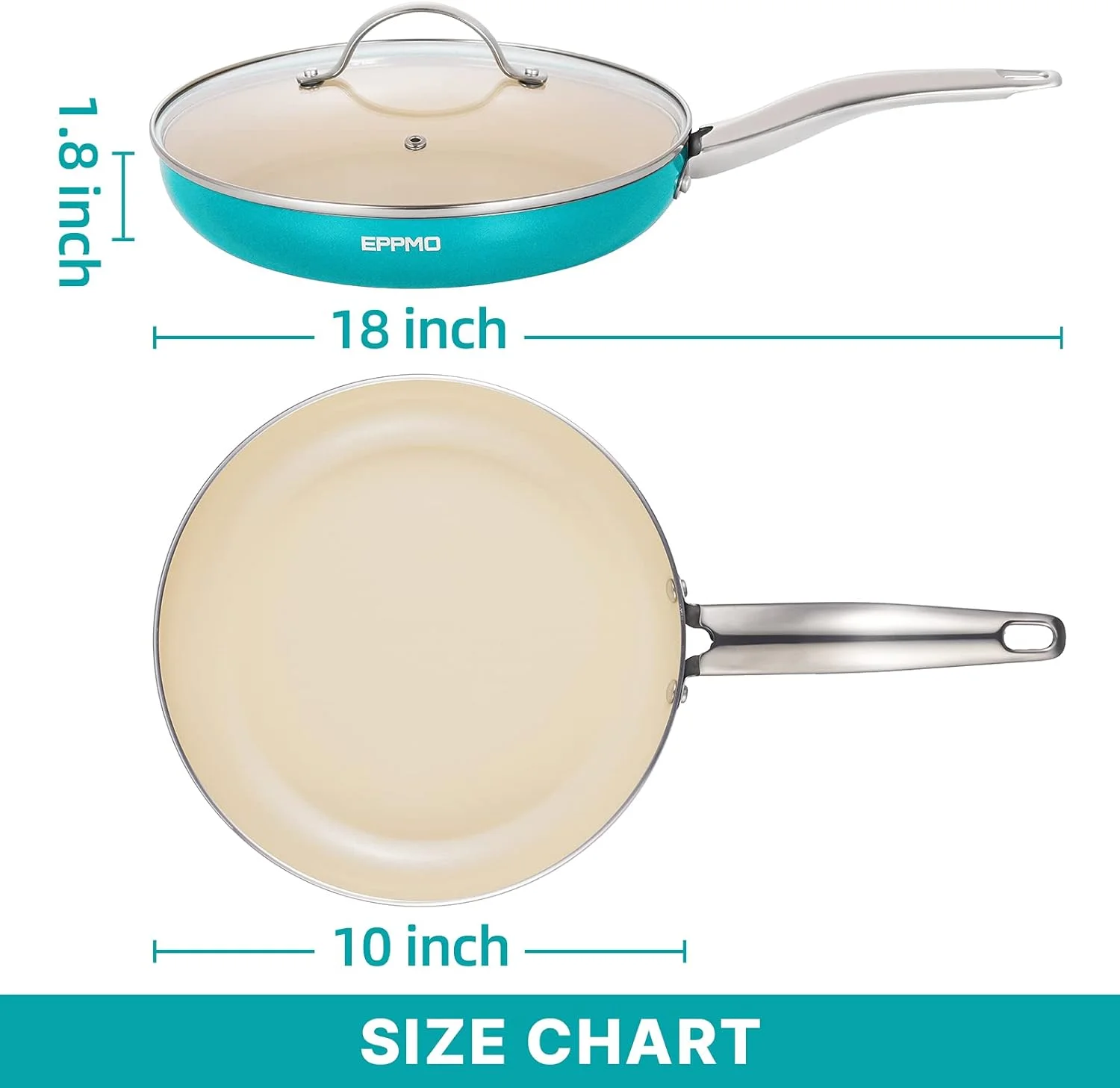 تابه سرامیکی نچسب EPPMO، تابه سرخ کن غیر سمی با دسته استیل ضد زنگ و درب شیشه ای حرارت دیده، آبی، 10 اینچ تابه سرامیکی نچسب EPPMO، تابه سرخ کن غیر سمی با دسته استیل ضد زنگ و درب شیشه ای حرارت دیده، آبی، 10 اینچ
