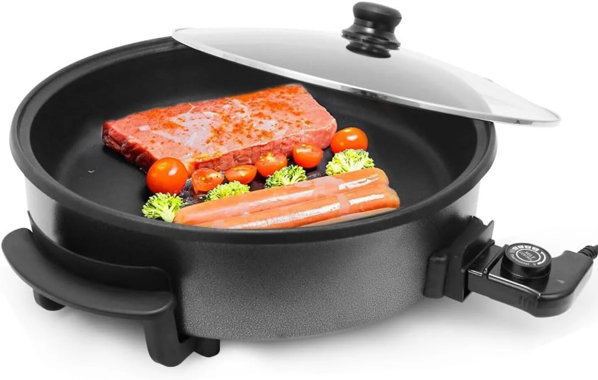 تابه برقی / تابه نچسب 30 سانتی متری، چند منظوره، توان بالای 1500 وات برای پخت سریع، دستگیره های خنک و درب شیشه ای برای ایمنی - ایده آل برای سرخ کردن، پیتزا و موارد دیگر