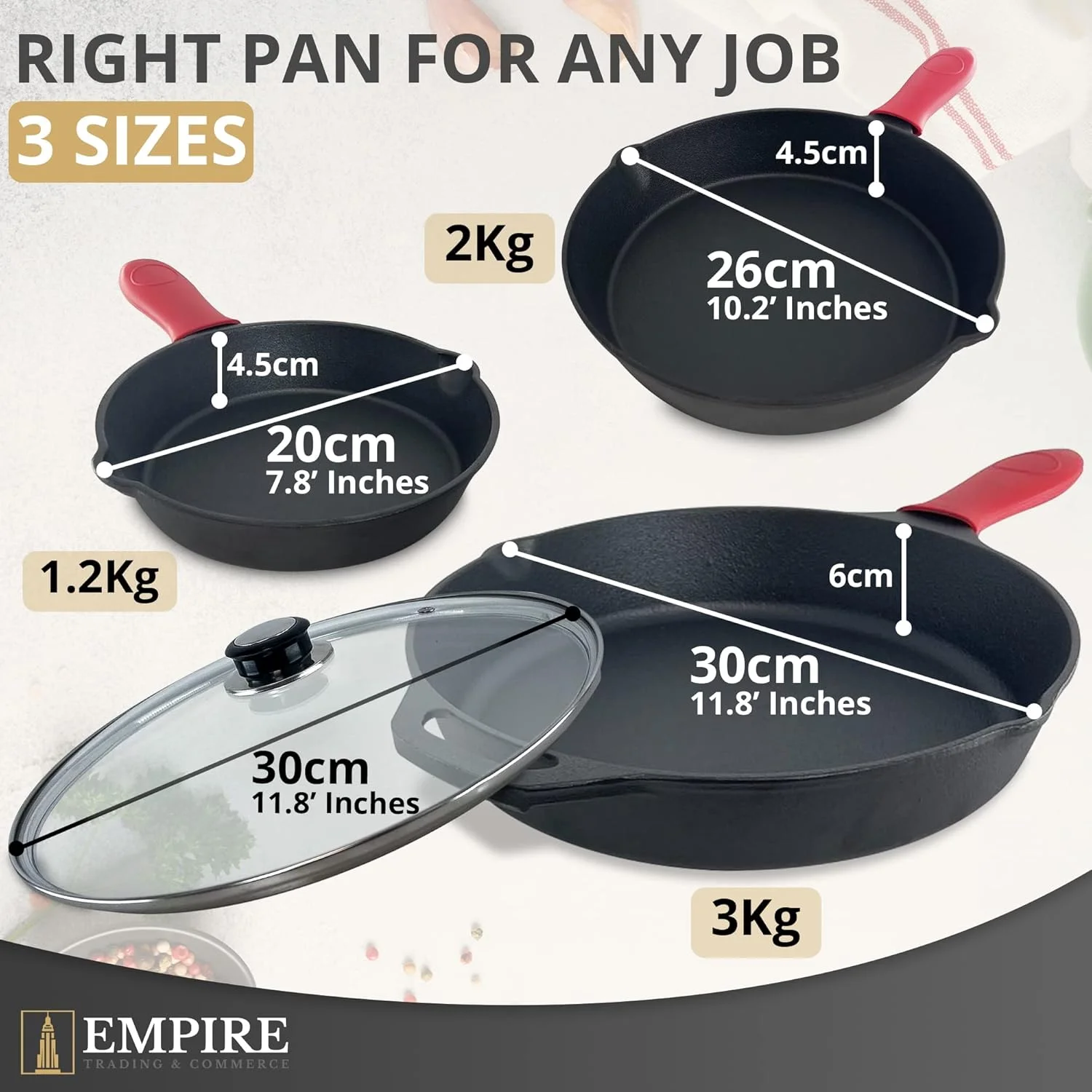 ست 3 تایی تابه چدنی از پیش روغنی شده Empire – تابه های 11.8، 10.2 و 7.8 اینچی به همراه دستگیره های سیلیکونی، برس روغن و کاردک – تابه های نچسب سنگین، قابل استفاده در فر، اجاق گاز و گریل ست 3 تایی تابه چدنی از پیش روغنی شده Empire – تابه های 11.8، 10.2 و 7.8 اینچی به همراه دستگیره های سیلیکونی، برس روغن و کاردک – تابه های نچسب سنگین، قابل استفاده در فر، اجاق گاز و گریل