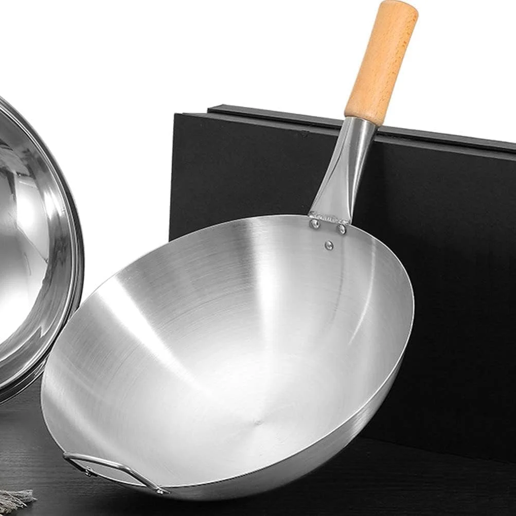 ECVV Stainless Steel Wok Pan Stir Fry Pan Deep Frying Wok Frying Skillet with Wooden Handle | 34cm