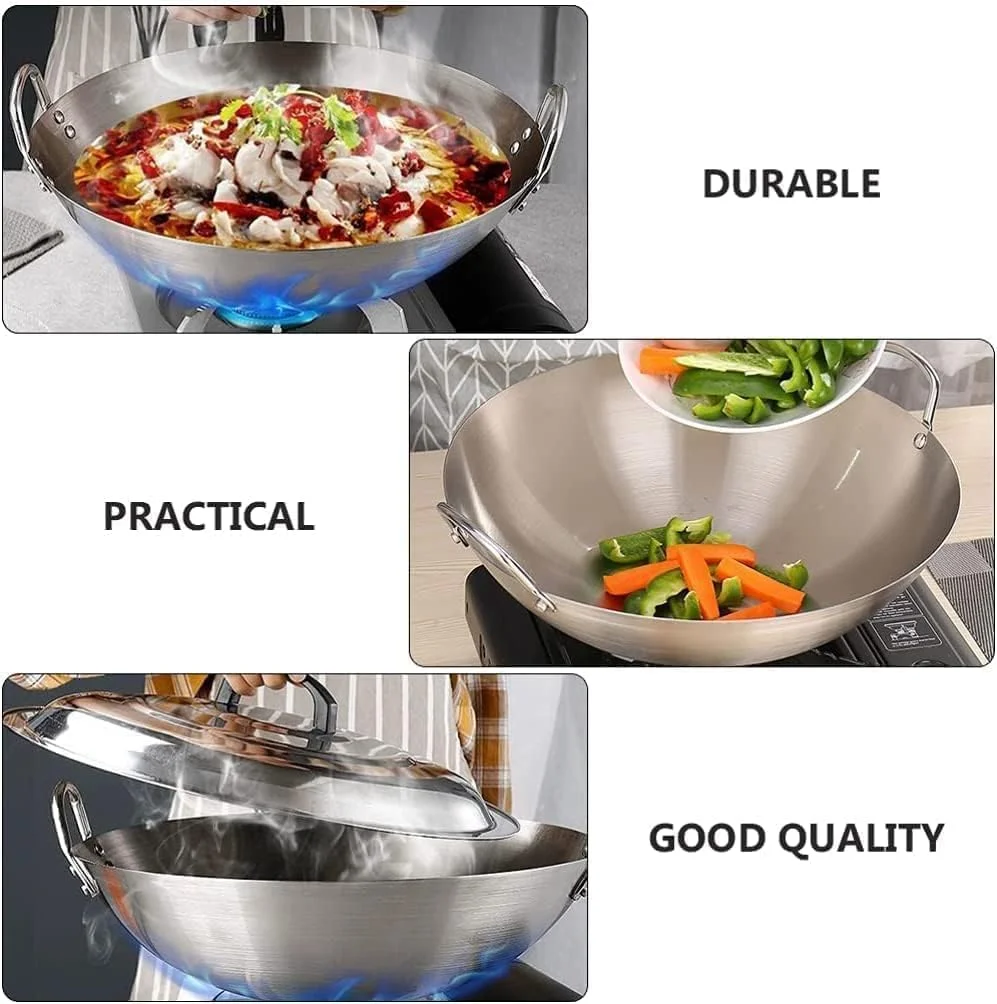 ECVV Stainless Steel Wok Pan Stir Fry Pan Deep Frying Wok Nonstick Frying Skillet with Double Handles Flat Bottom Wok Chinese Cooking Wok 30cm/11.81 inch