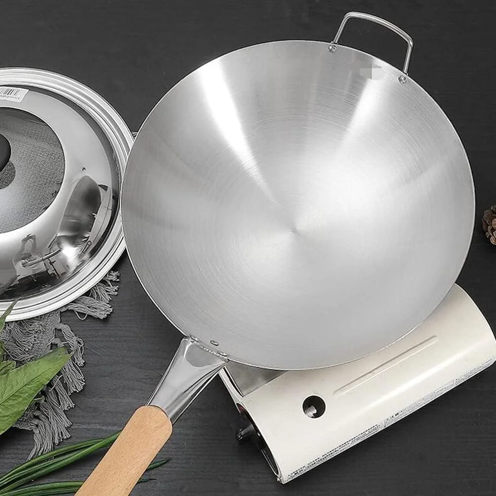 ECVV Stainless Steel Wok Pan Stir Fry Pan Deep Frying Wok Frying Skillet with Wooden Handle | 34cm