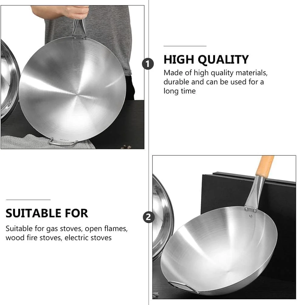 ECVV Stainless Steel Wok Pan Stir Fry Pan Deep Frying Wok Frying Skillet with Wooden Handle | 34cm