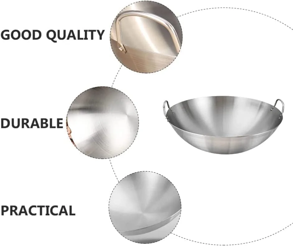 ECVV Stainless Steel Wok Pan Stir Fry Pan Deep Frying Wok Nonstick Frying Skillet with Double Handles Flat Bottom Wok Chinese Cooking Wok 30cm/11.81 inch