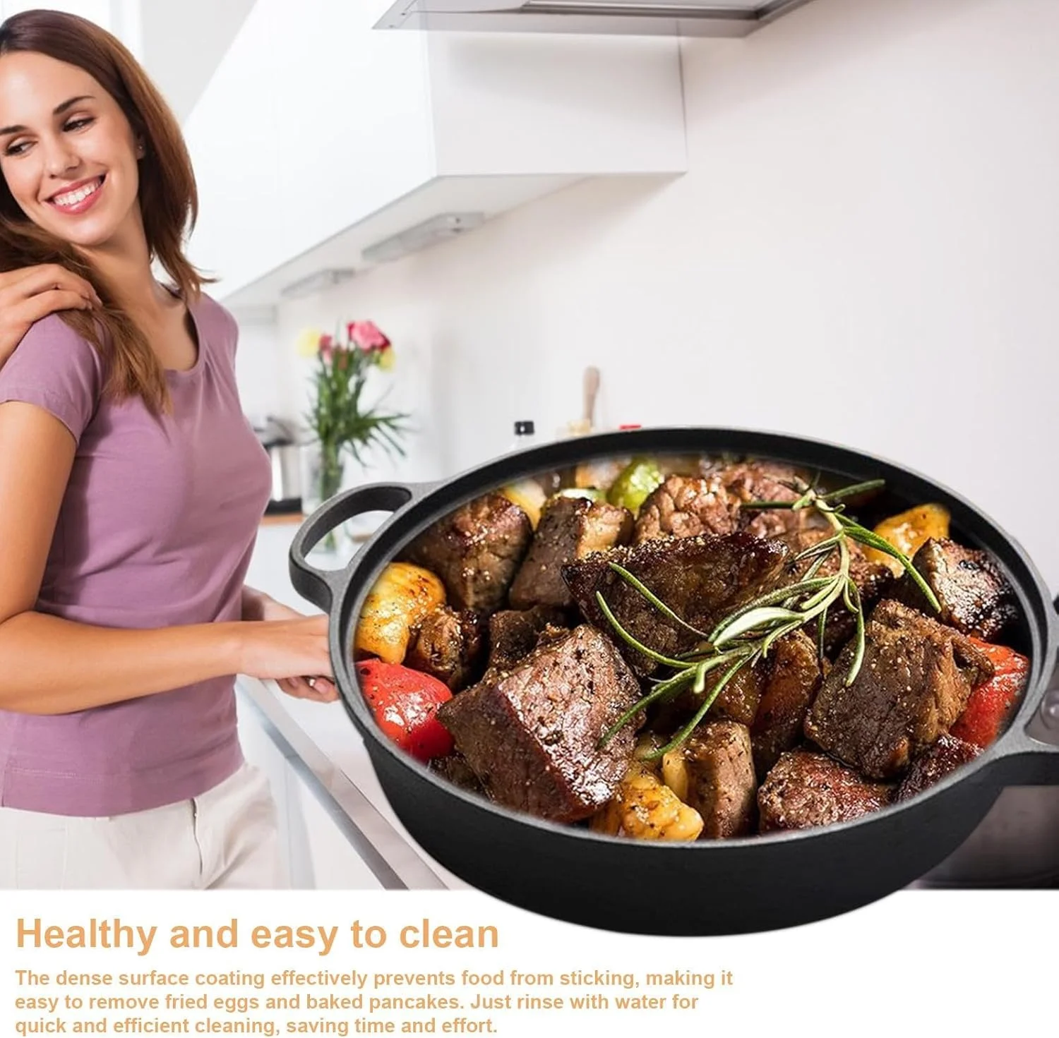 تابه نچسب | تابه چدنی با درب شفاف - تابه با دسته عایق حرارت برای املت، استیک، شام، میان وعده و صبحانه