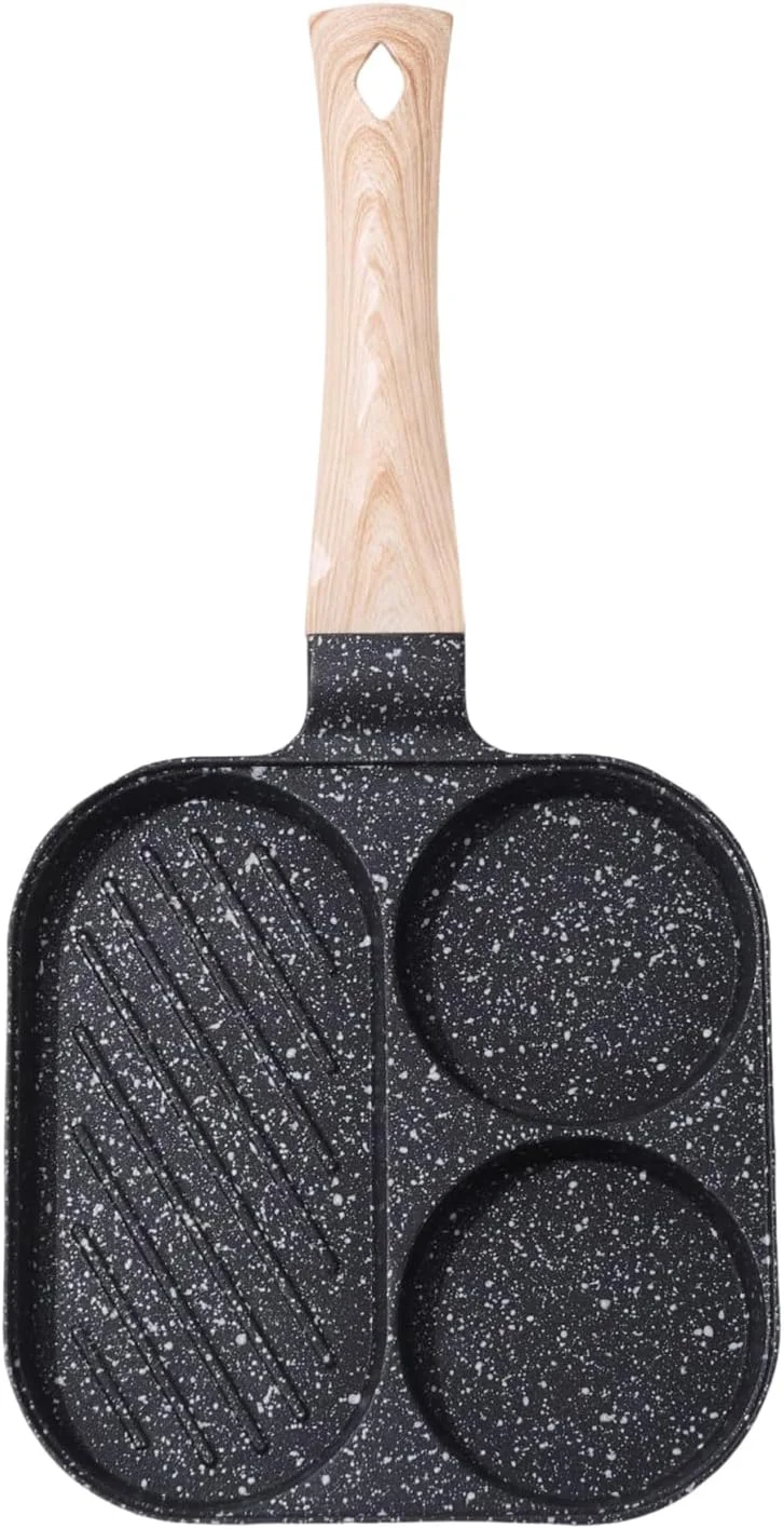 تابه گریل صبحانه - تابه نچسب تقسیم شده، تابه پخت و پز 3 قسمتی برای اجاق گاز القایی برقی، مناسب برای آشپزخانه منزل، کباب پز، رستوران، همبرگر، استیک، ساندویچ، بیکن و برانچ