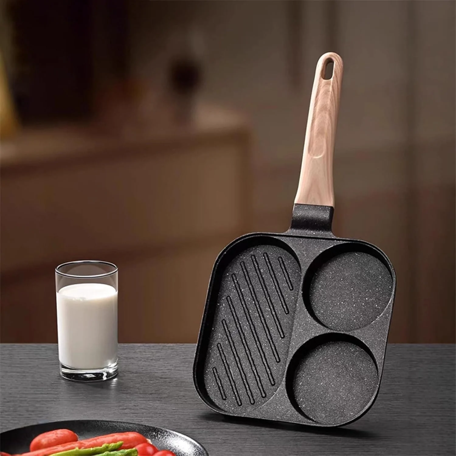 تابه گریل صبحانه - تابه نچسب تقسیم شده، تابه پخت و پز 3 قسمتی برای اجاق گاز القایی برقی، مناسب برای آشپزخانه منزل، کباب پز، رستوران، همبرگر، استیک، ساندویچ، بیکن و برانچ