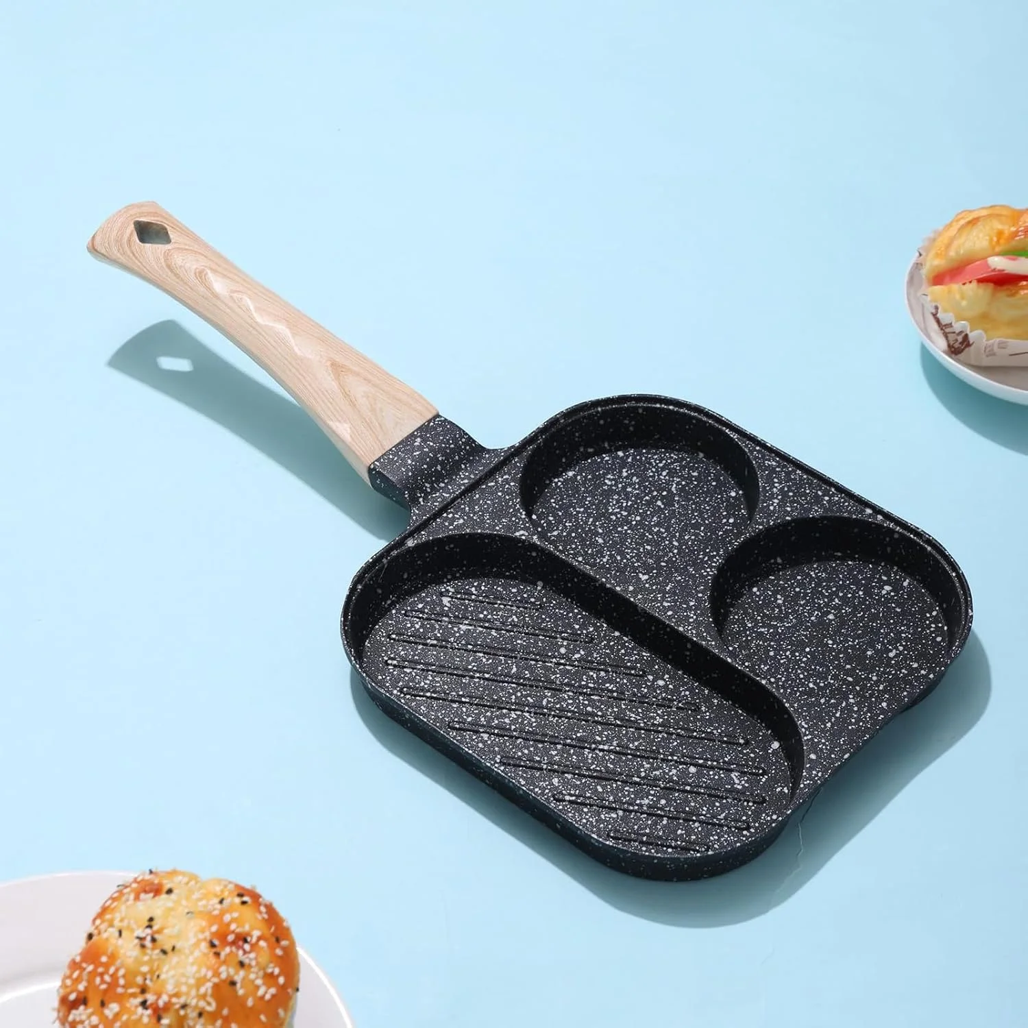 تابه گریل صبحانه - تابه نچسب تقسیم شده، تابه پخت و پز 3 قسمتی برای اجاق گاز القایی برقی، مناسب برای آشپزخانه منزل، کباب پز، رستوران، همبرگر، استیک، ساندویچ، بیکن و برانچ