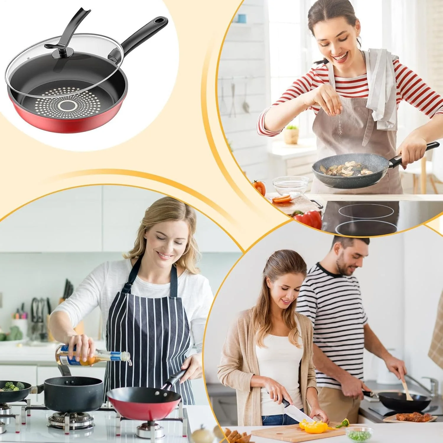 تابه املت نچسب، تابه بدون چسبندگی با درب برای اجاق گازهای القایی - تابه ارگونومیک، ابزار آشپزخانه برای صبحانه پنکیک شام استیک و میان وعده