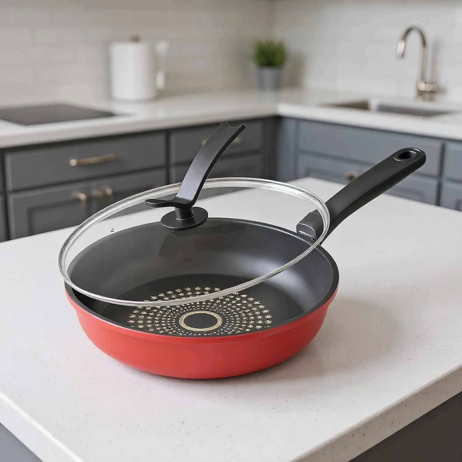 تابه املت نچسب، تابه بدون چسبندگی با درب برای اجاق گازهای القایی - تابه ارگونومیک، ابزار آشپزخانه برای صبحانه پنکیک شام استیک و میان وعده