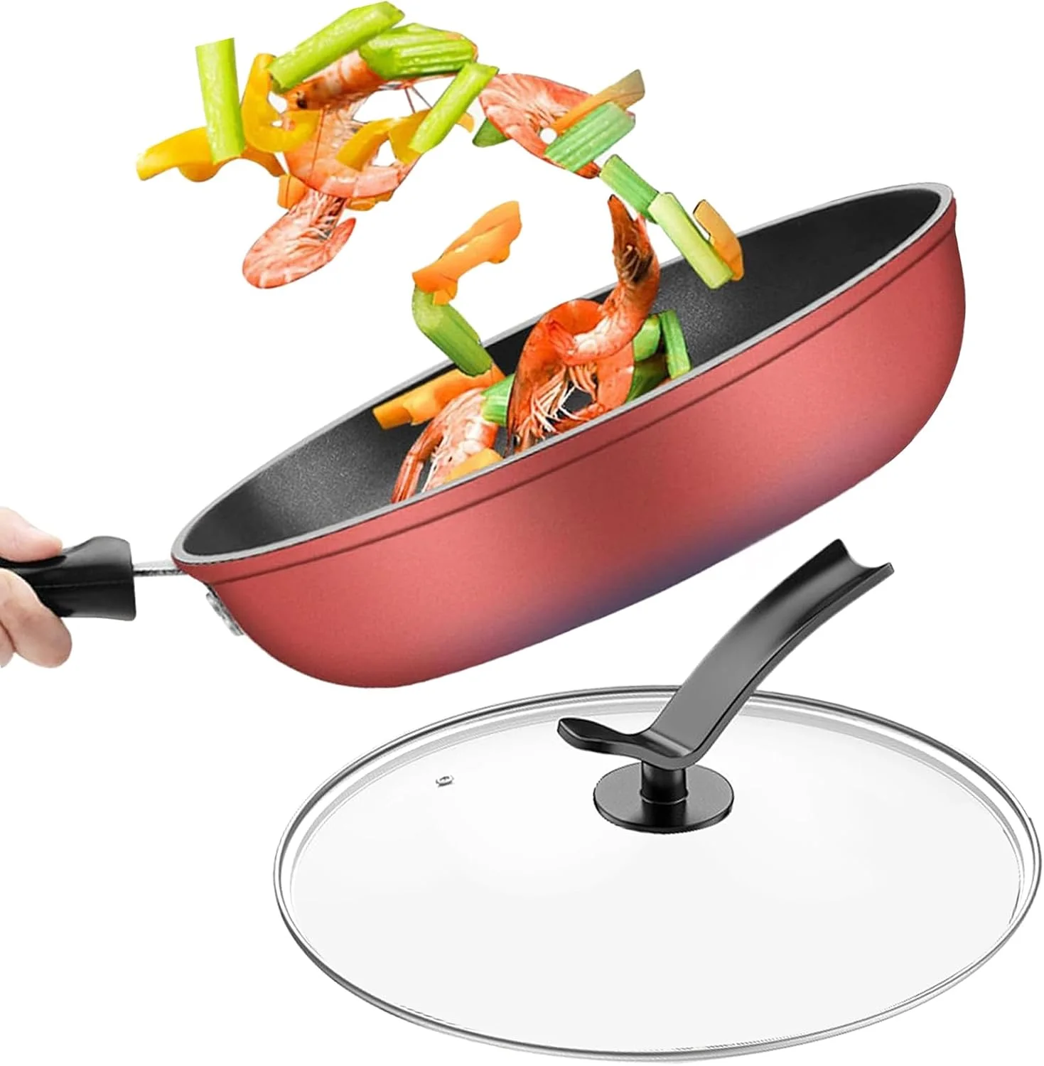 تابه نچسب - تابه سرخ کن نچسب القایی با درب - لوازم جانبی آشپزخانه، تابه ارگونومیک برای پخت و پز صبحانه، اسنک، املت، پنکیک، استیک