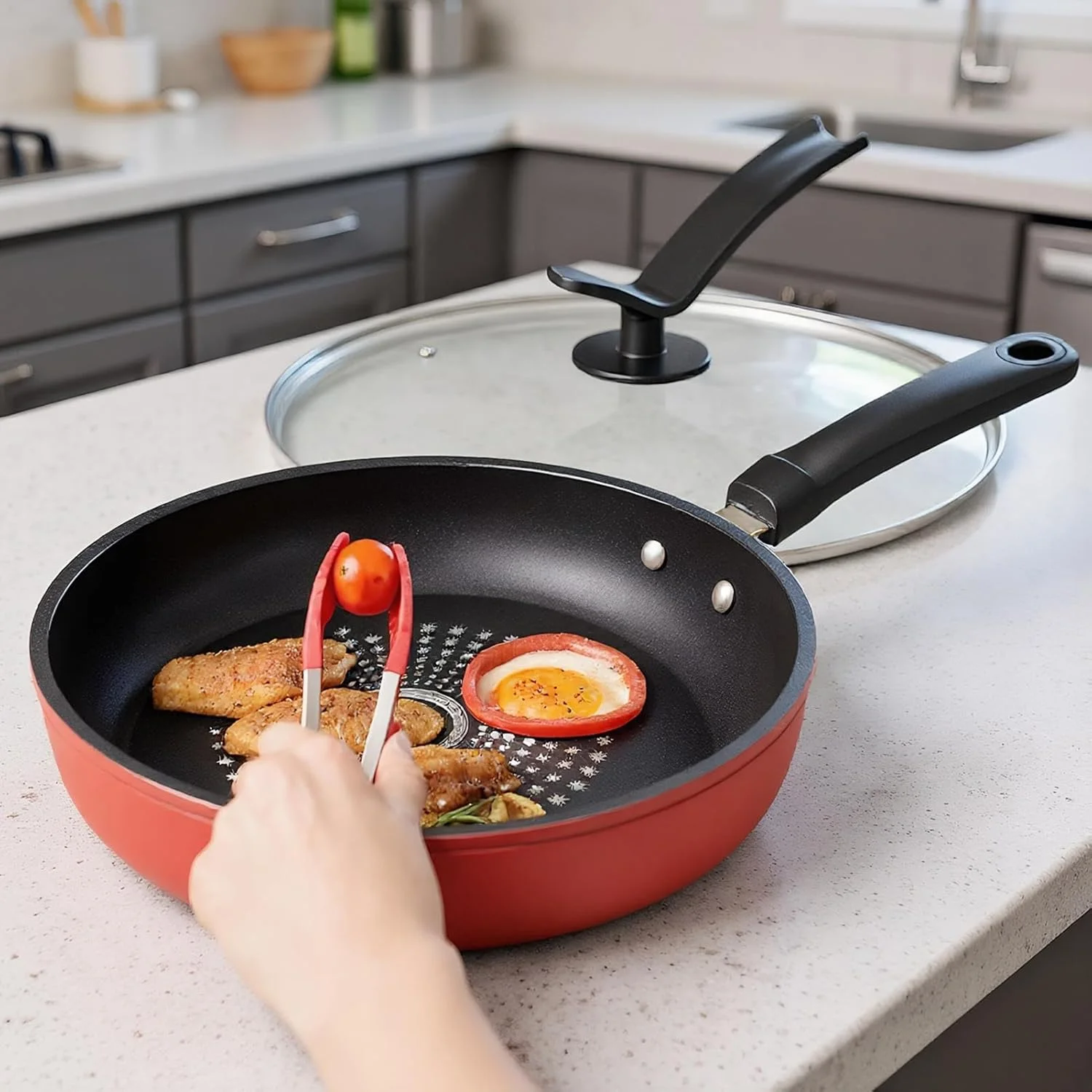 تابه نچسب - تابه سرخ کن نچسب القایی با درب - لوازم جانبی آشپزخانه، تابه ارگونومیک برای پخت و پز صبحانه، اسنک، املت، پنکیک، استیک