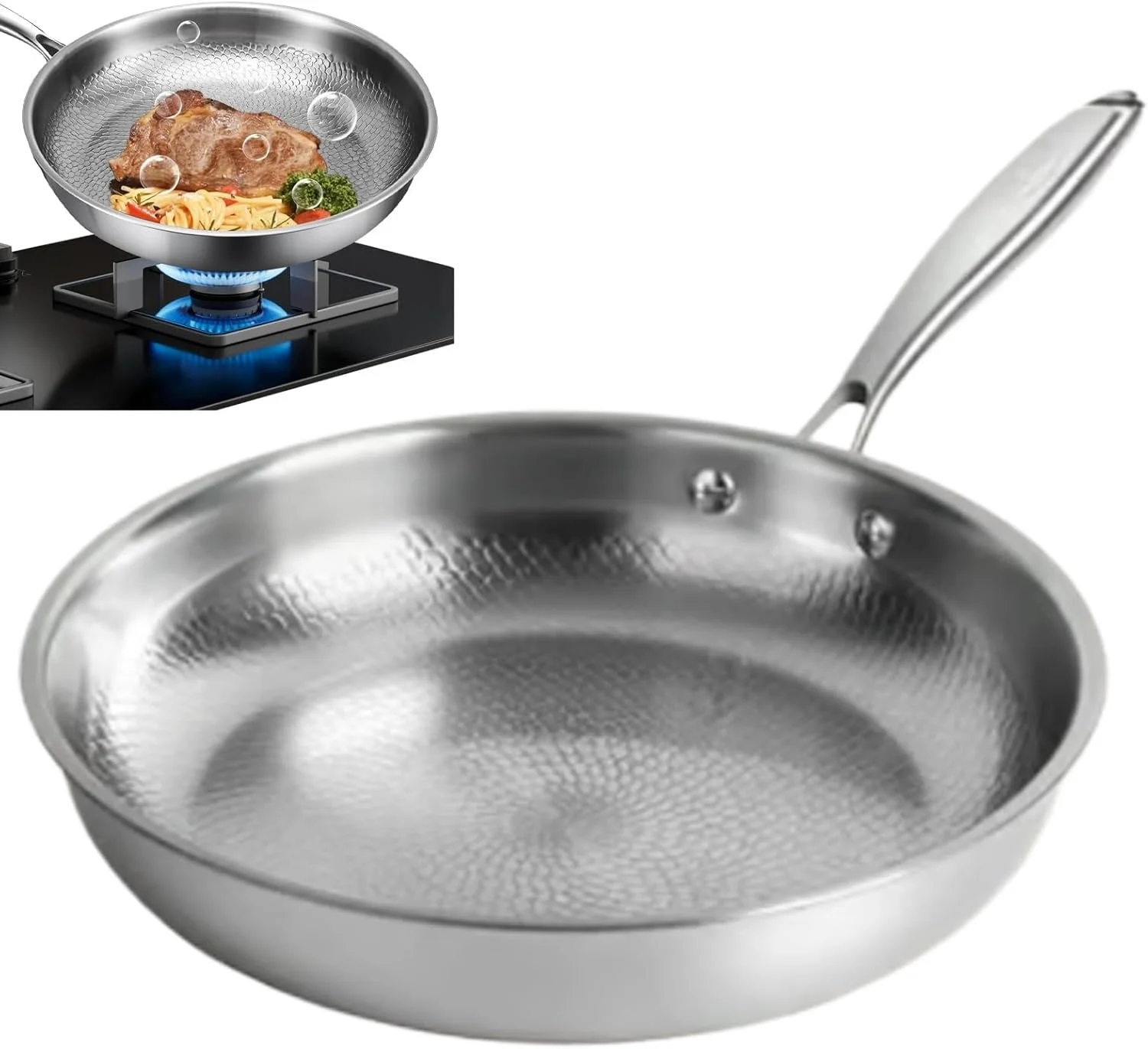 تابه سرخ کردنی، تابه نچسب، تابه املت چکش کاری شده تیتانیومی | برای پخت و پز روی اجاق گاز، املت، صبحانه، تخم مرغ، ماهی، استیک