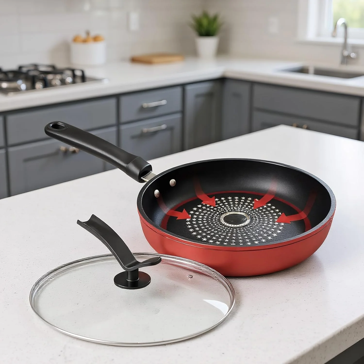 تابه استیک نچسب، تابه نچسب القایی با درب | تابه پخت و پز با دسته راحت، لوازم جانبی آشپزخانه برای استیک شام، پنکیک، اسنک، املت