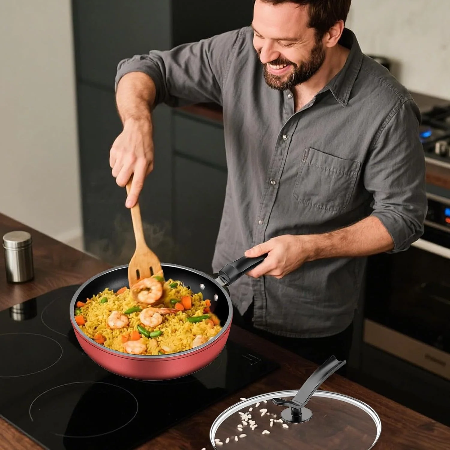 تابه نچسب - تابه سرخ کن نچسب القایی با درب - لوازم جانبی آشپزخانه، تابه ارگونومیک برای پخت و پز صبحانه، اسنک، املت، پنکیک، استیک