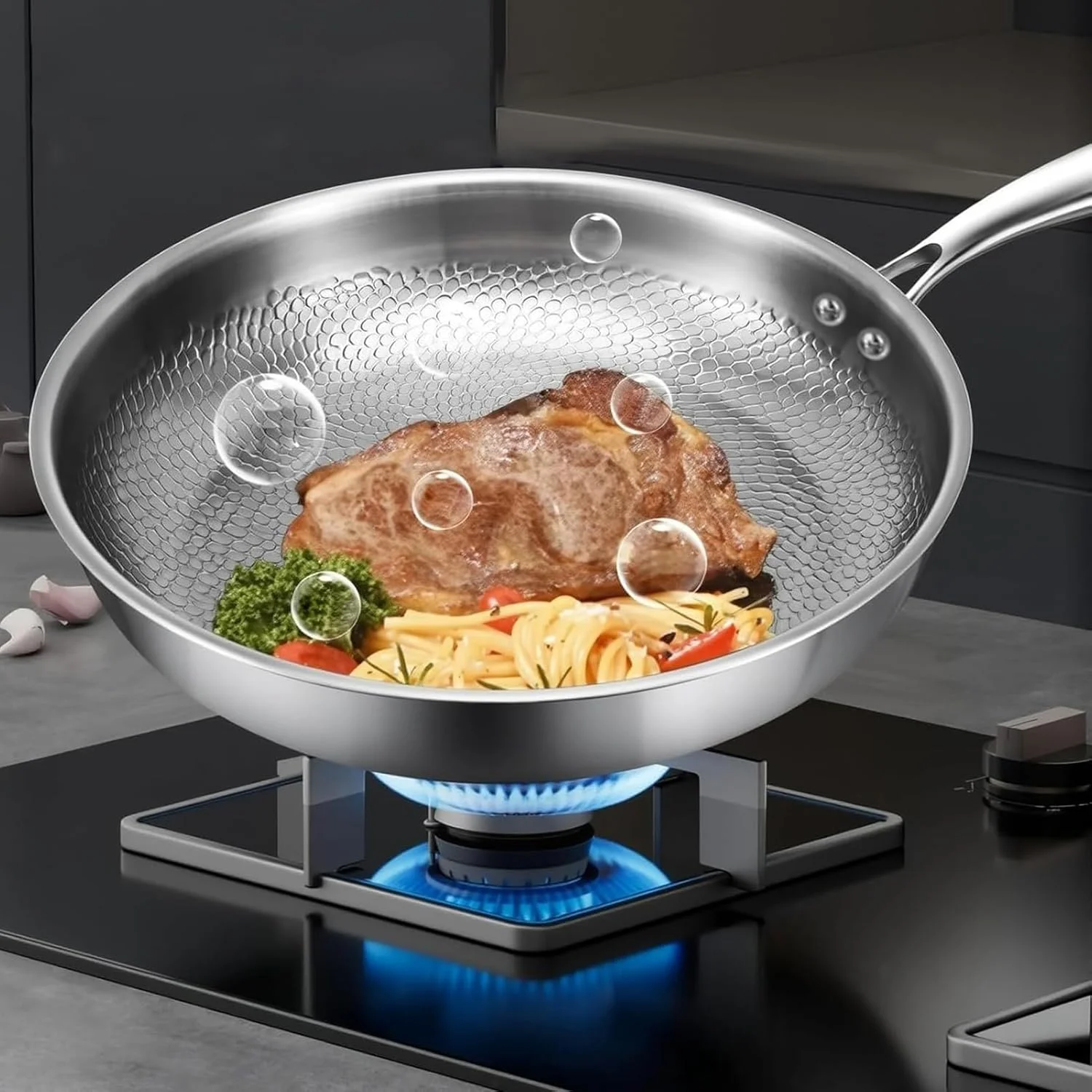 تابه سرخ کن - تابه نچسب، تابه چکش کاری شده تیتانیومی - برای پخت و پز روی اجاق گاز، املت، صبحانه، تخم مرغ، ماهی، استیک