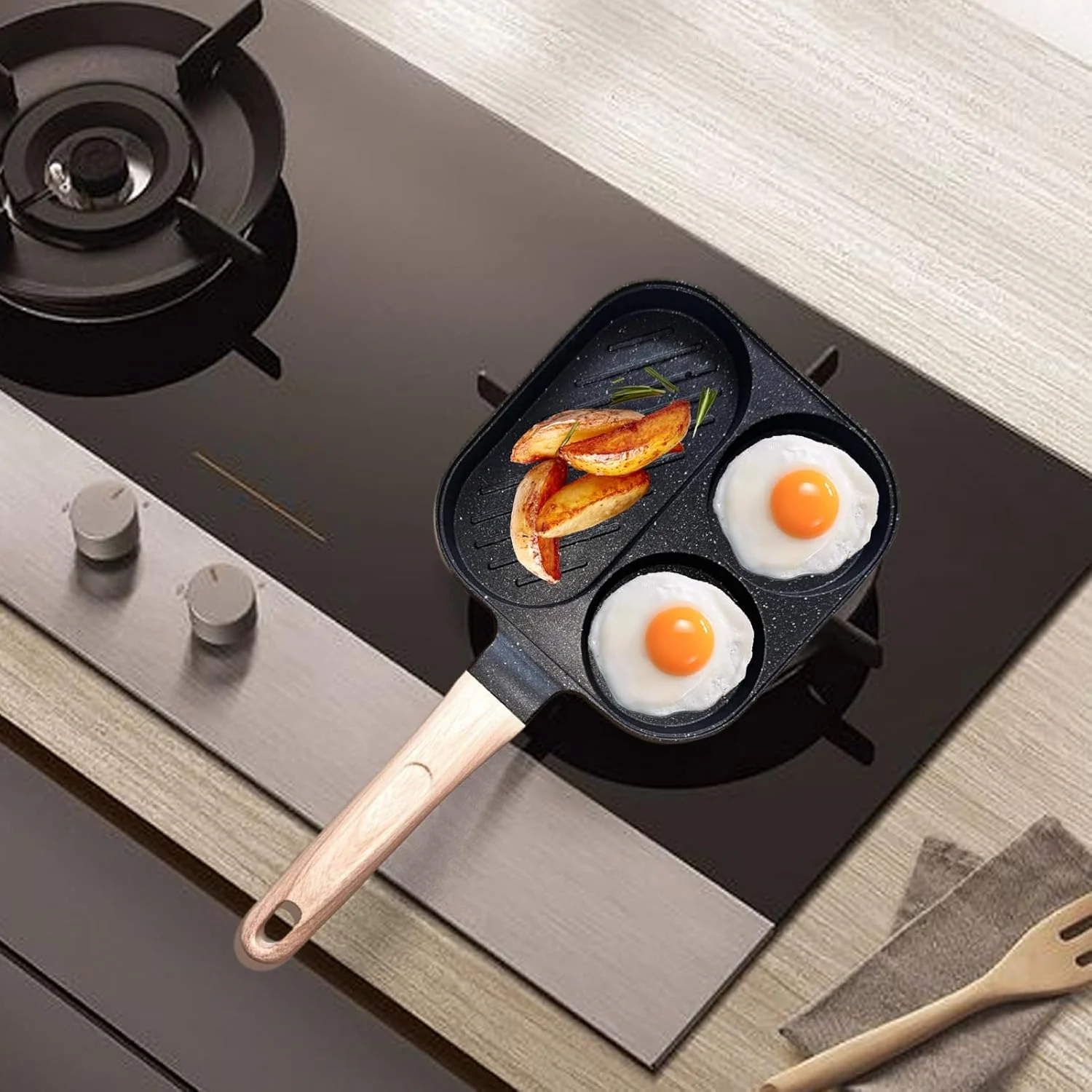 تابه گریل صبحانه | تابه نچسب تقسیم شده - لوازم آشپزخانه پخت و پز 3 قسمتی برای اجاق گاز برقی القایی رستوران گریل بیکن املت ساندویچ استیک