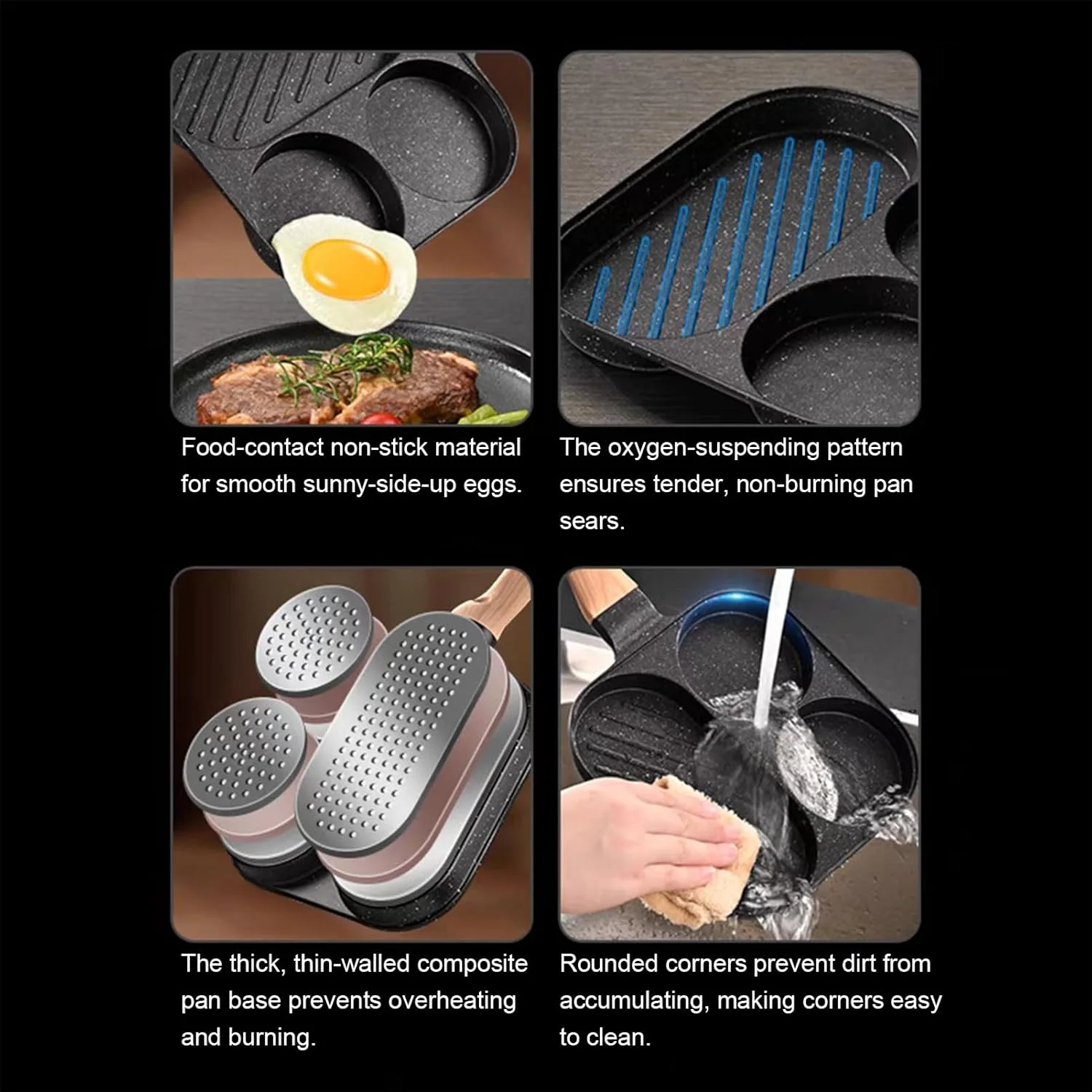 تابه گریل صبحانه | تابه نچسب تقسیم شده - لوازم آشپزخانه پخت و پز 3 قسمتی برای اجاق گاز برقی القایی رستوران گریل بیکن املت ساندویچ استیک