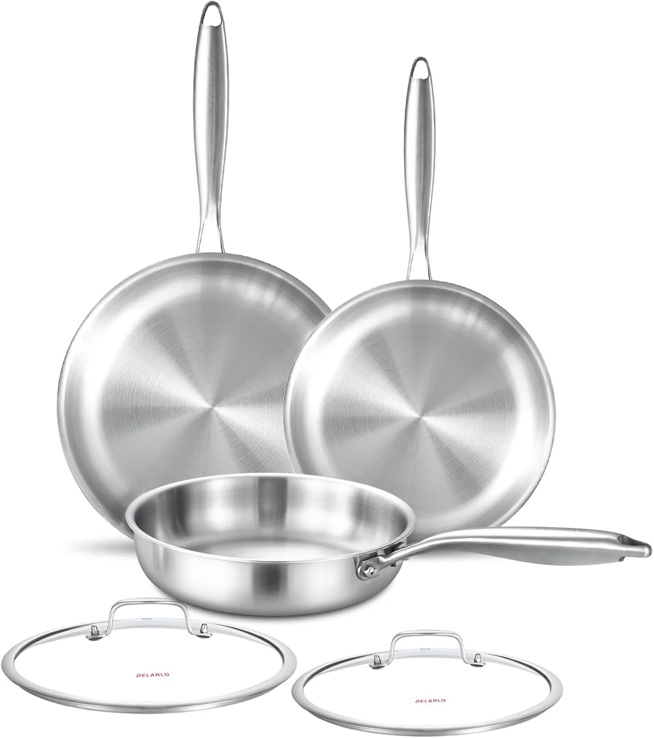 ست تابه سه لایه استیل ضد زنگ DELARLO با درب، سایزهای 8، 10 و 12 اینچ، مناسب برای اجاق های القایی، تابه های بزرگ، تابه سرآشپز، ست قابلمه و تابه، ست ظروف آشپزخانه مناسب برای همه اجاق ها