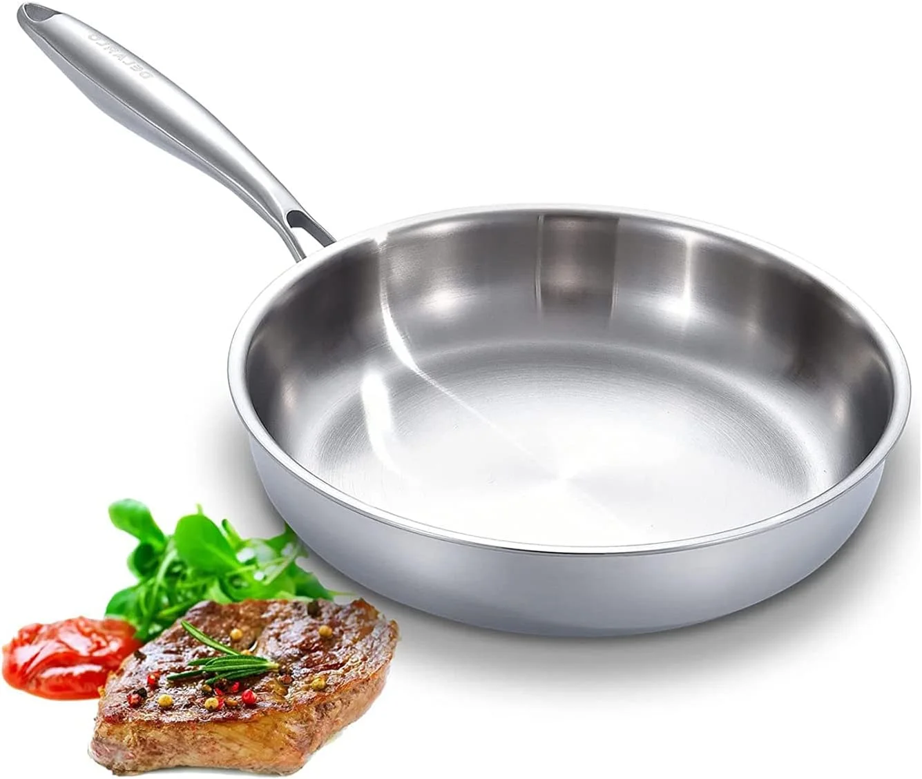 تابه استیل سه لایه DELARLO، تابه 25 سانتی متری، سازگار با تمام اجاق ها تا 315 درجه سانتیگراد، مقاوم، تابه قابل استفاده در فر، تابه پخت و پز 18/10، تابه آشپزی برای آشپزخانه، تابه املت، کف صاف