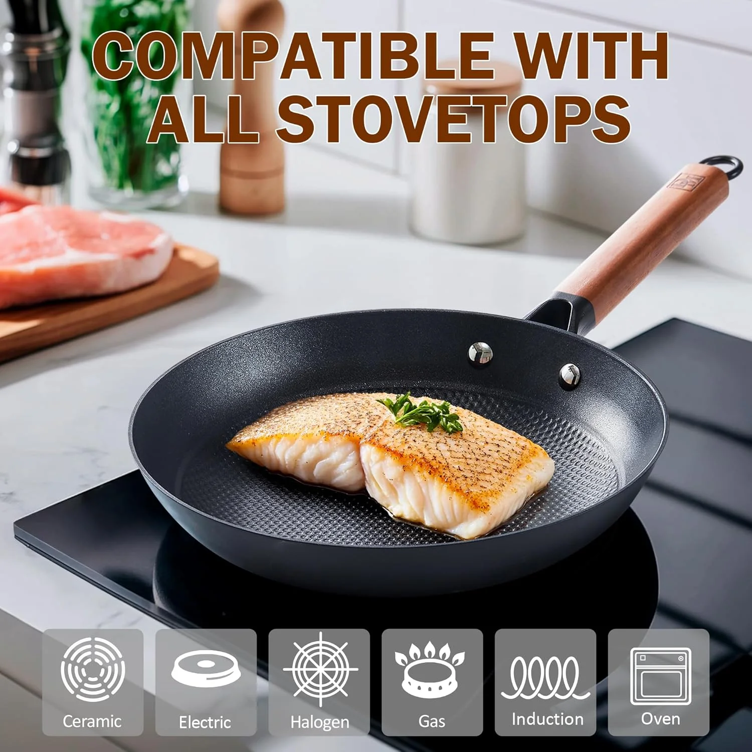 تابه چدنی دی اند ام، تابه نچسب 8 اینچی با دسته چوبی آکاسیا جداشدنی، تابه تخم مرغ لانه زنبوری نچسب، تابه های فر با قابلیت تمیز کردن آسان برای پخت و پز