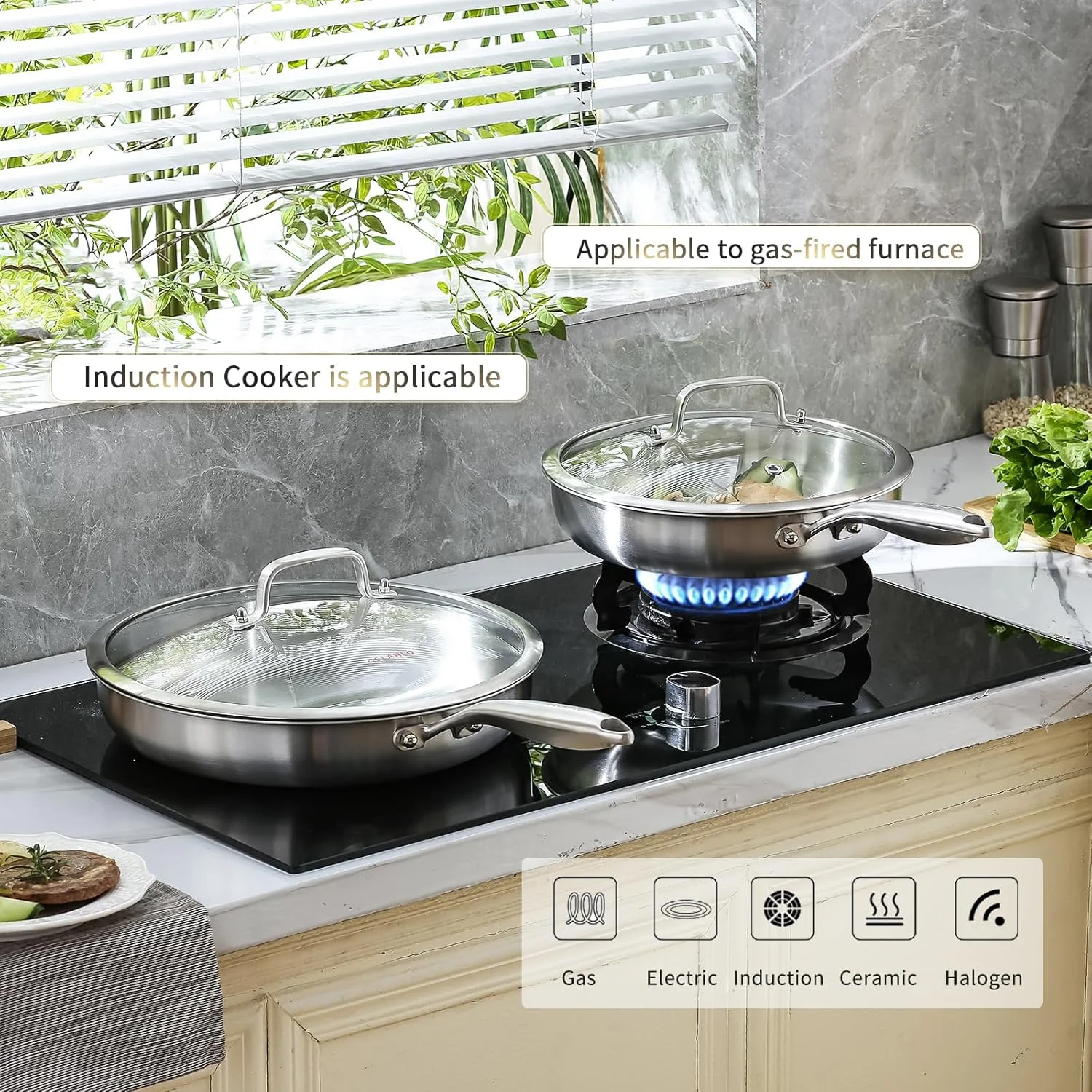 ست تابه سه لایه استیل ضد زنگ DELARLO با درب، سایزهای 8، 10 و 12 اینچ، مناسب برای اجاق های القایی، تابه های بزرگ، تابه سرآشپز، ست قابلمه و تابه، ست ظروف آشپزخانه مناسب برای همه اجاق ها