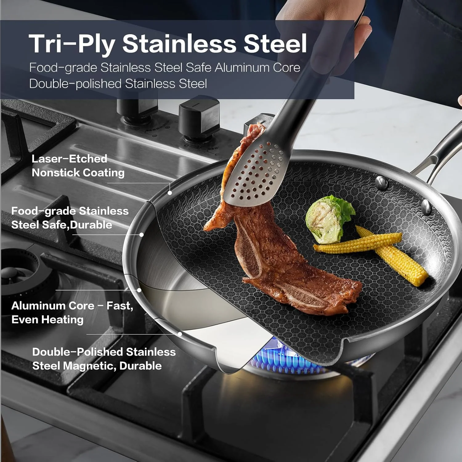 تابه های نچسب با درب، مجموعه تابه استیل 8/10/12 اینچی با سطح لانه زنبوری، سازگار با اجاق های القایی، قابل استفاده در فر و ماشین ظرفشویی، ست ظروف پخت و پز بدون PFAS (استیل ضد زنگ، تابه 6 تکه) تابه های نچسب با درب، مجموعه تابه استیل 8/10/12 اینچی با سطح لانه زنبوری، سازگار با اجاق های القایی، قابل استفاده در فر و ماشین ظرفشویی، ست ظروف پخت و پز بدون PFAS (استیل ضد زنگ، تابه 6 تکه)