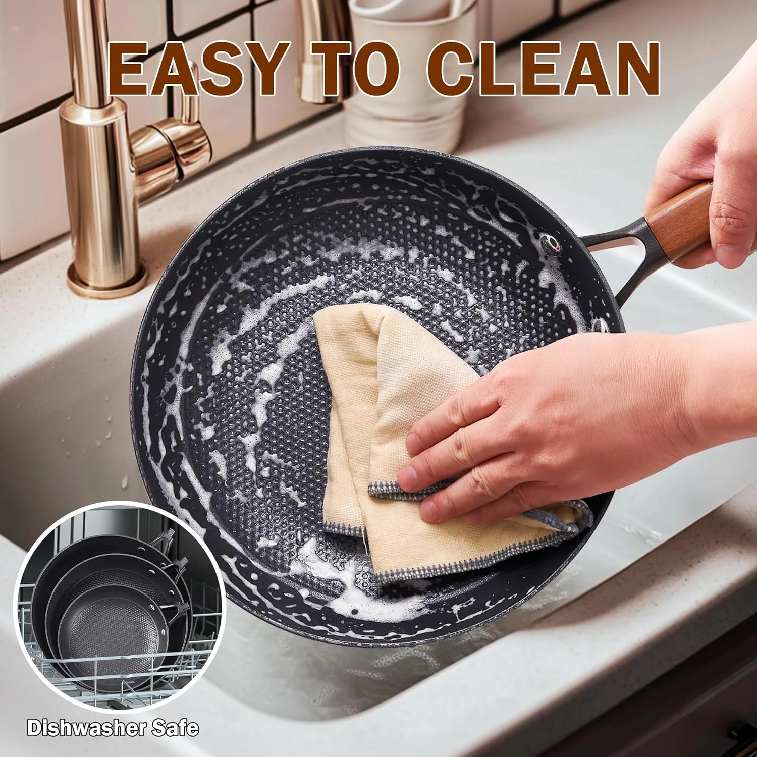 تابه چدنی دی اند ام، تابه نچسب 8 اینچی با دسته چوبی آکاسیا جداشدنی، تابه تخم مرغ لانه زنبوری نچسب، تابه های فر با قابلیت تمیز کردن آسان برای پخت و پز