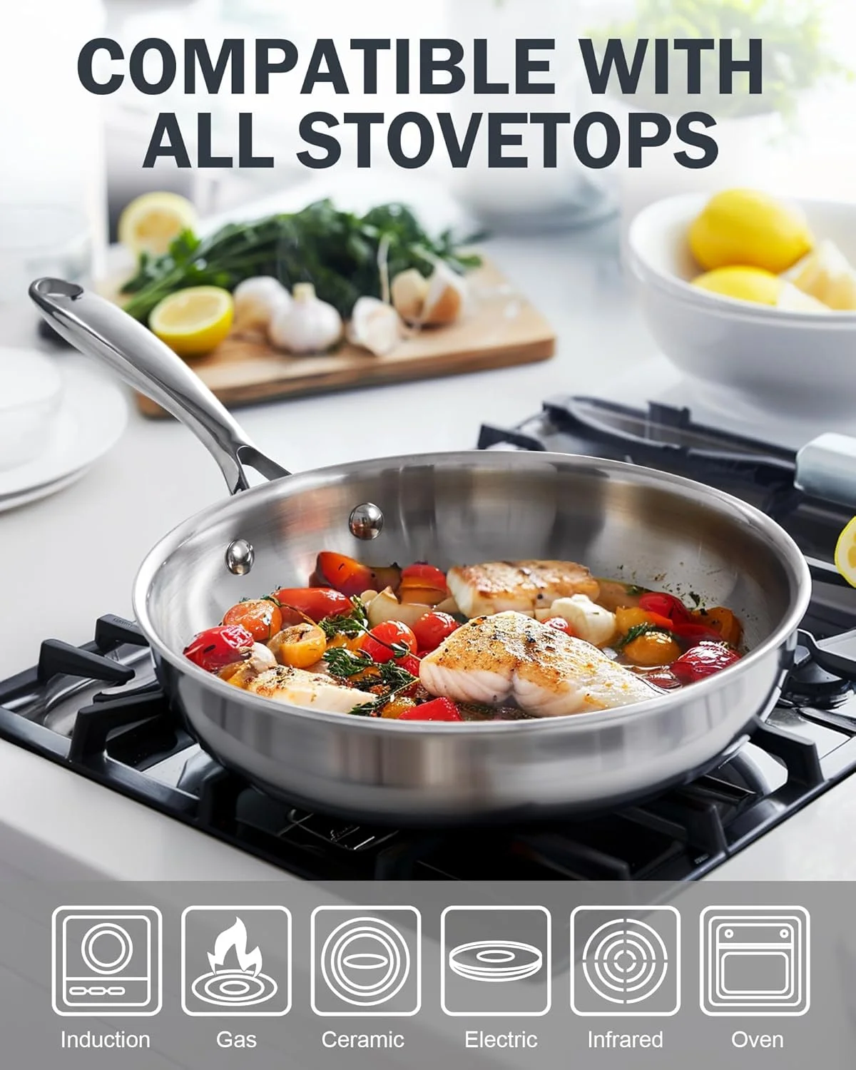 تابه استیل ضد زنگ Cooks Standard، تابه وک چند لایه 10 اینچی، تابه آشپزی نقره ای