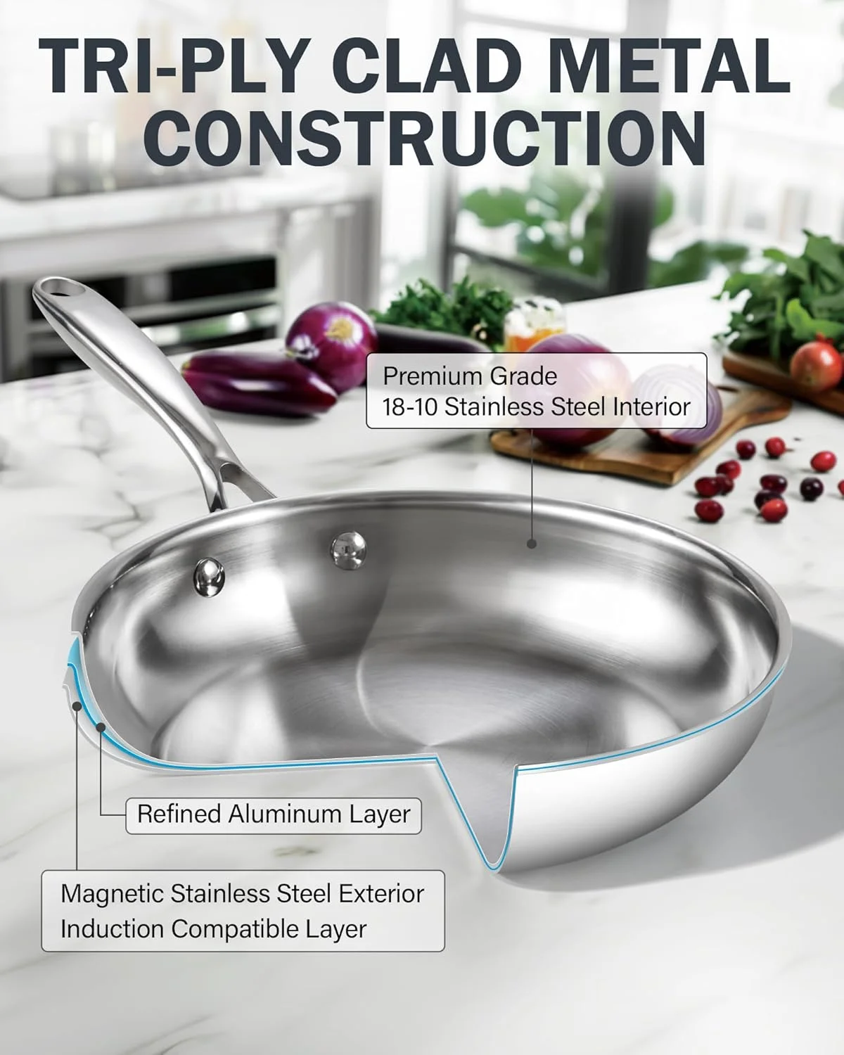 تابه استیل ضد زنگ Cooks Standard، تابه وک چند لایه 10 اینچی، تابه آشپزی نقره ای