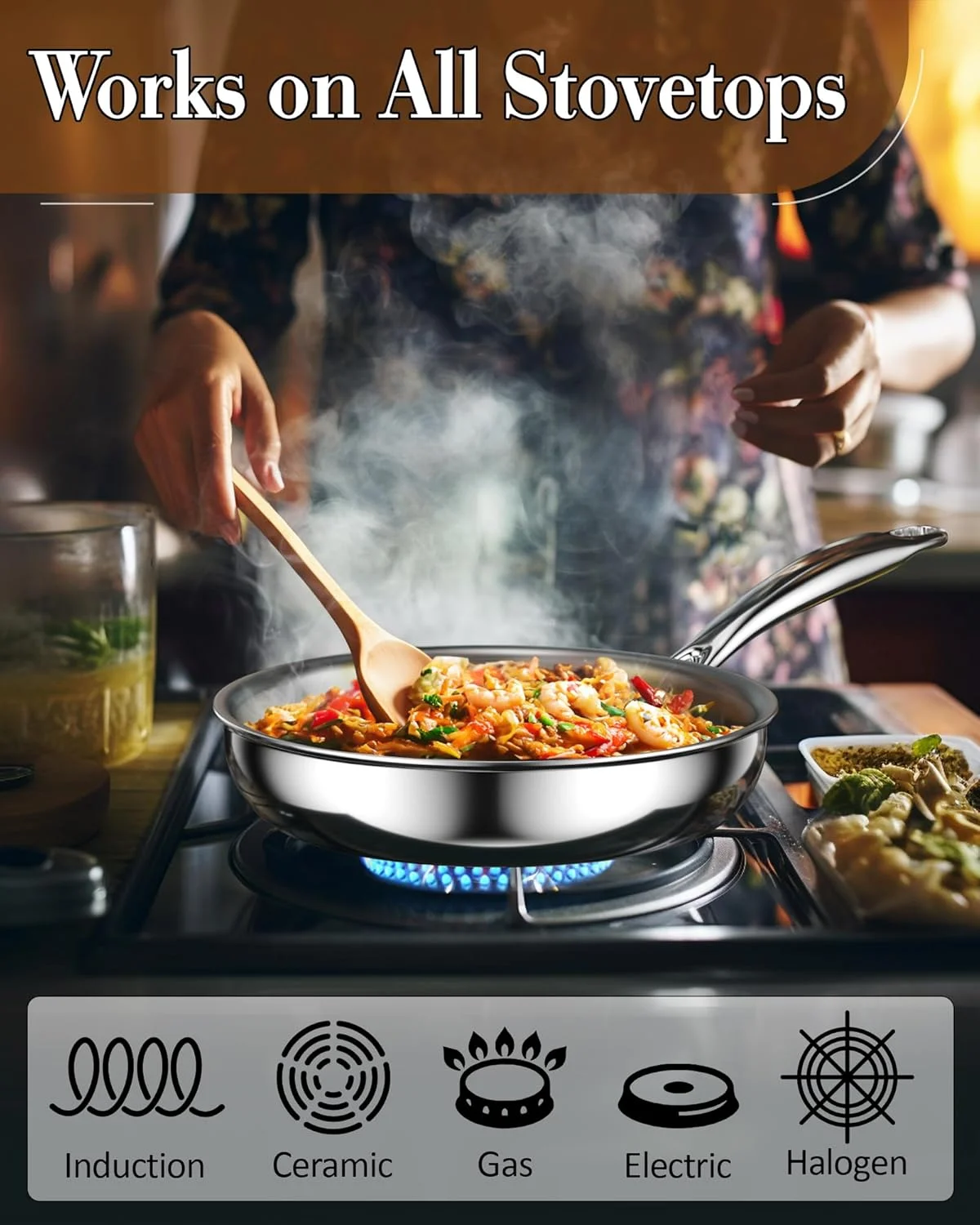 Cook N Home Stainless Steel Saute Fry Pan 10-inch, Tri-Ply all Clad 18/10 Stainless Steel Skillet Frying Pan, Dishwasher Safe, Silver