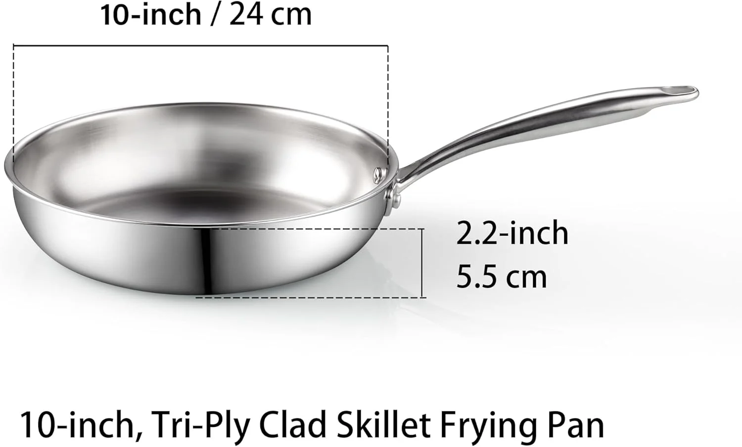 Cook N Home Stainless Steel Saute Fry Pan 10-inch, Tri-Ply all Clad 18/10 Stainless Steel Skillet Frying Pan, Dishwasher Safe, Silver