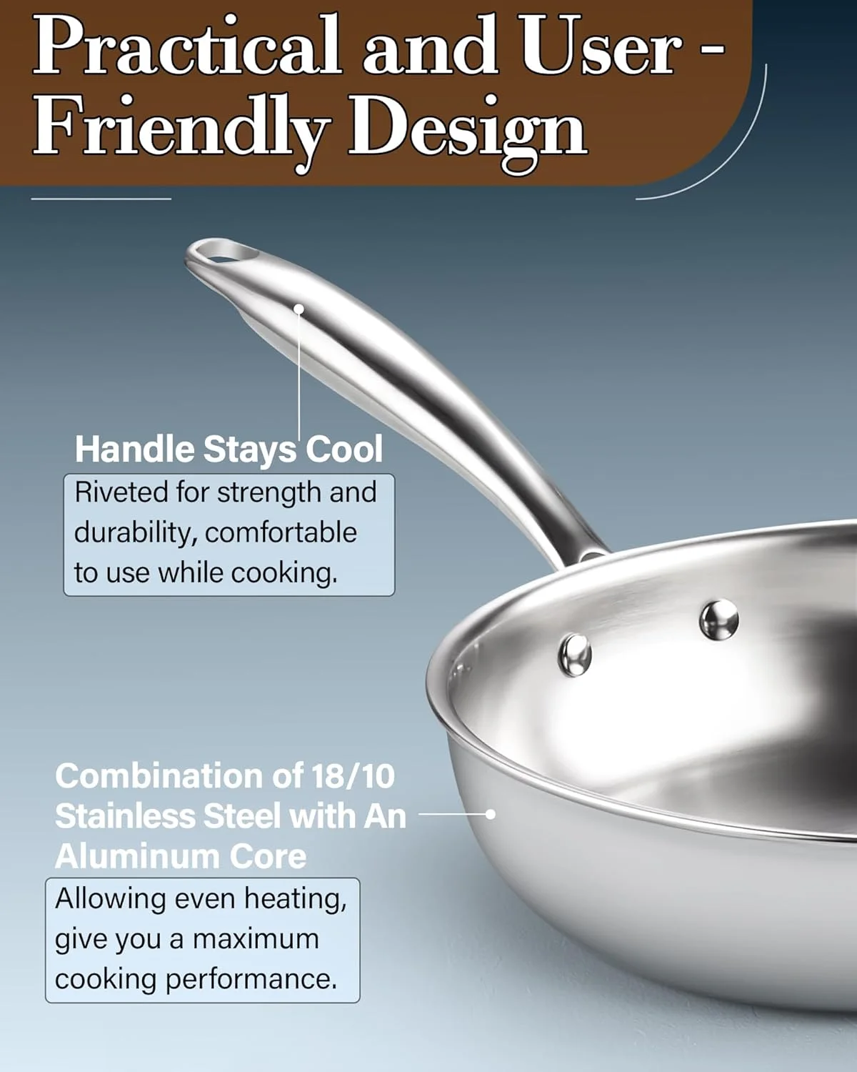 Cook N Home Stainless Steel Saute Fry Pan 10-inch, Tri-Ply all Clad 18/10 Stainless Steel Skillet Frying Pan, Dishwasher Safe, Silver