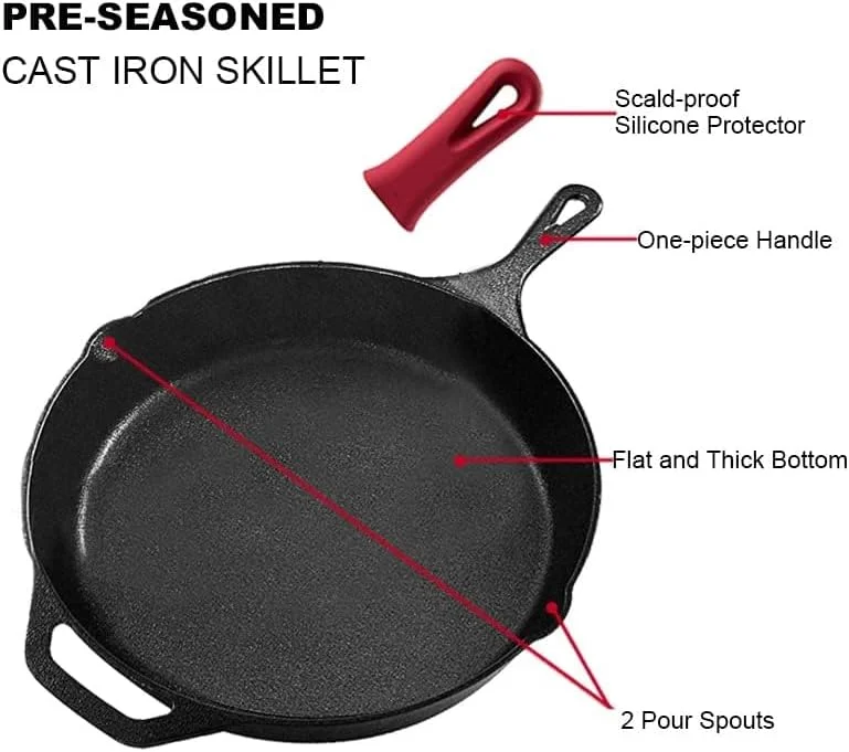 تابه چدنی از قبل روغن‌کاری شده: تابه سرخ‌کردنی چدنی روغن‌کاری شده ارتقا یافته با دسته‌ها - تابه ظروف پخت و پز ممتاز - ظروف پخت و پز گریل ایمن برای استفاده در داخل و خارج از منزل (26 سانتی‌متر، مشکی)