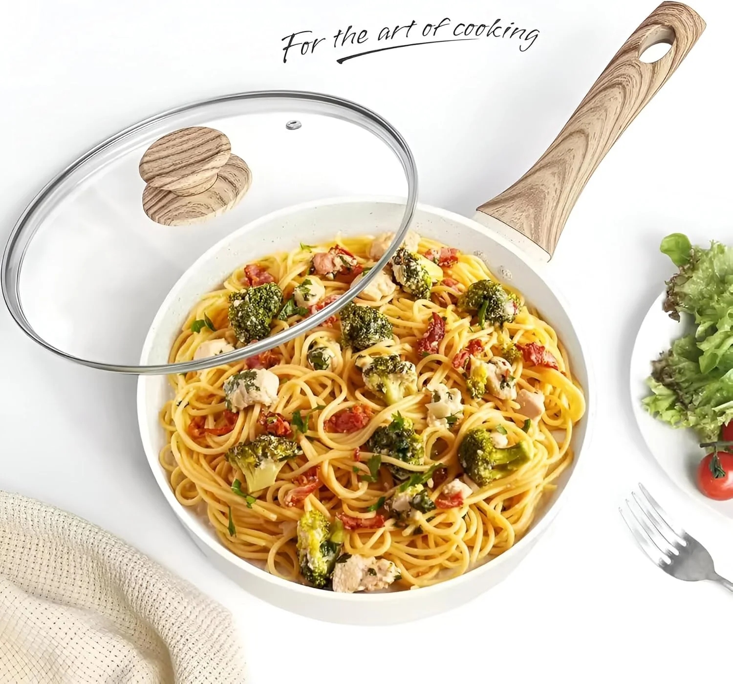 تابه سرخ کن با درب شیشه ای، پوشش تابه سرخ کن عمیق 26 سانتی متری، دسته طرح چوب، تابه سازگار با القایی برای پخت و پز، سالم و بدون PFOA، قابل شستشو در ماشین ظرفشویی