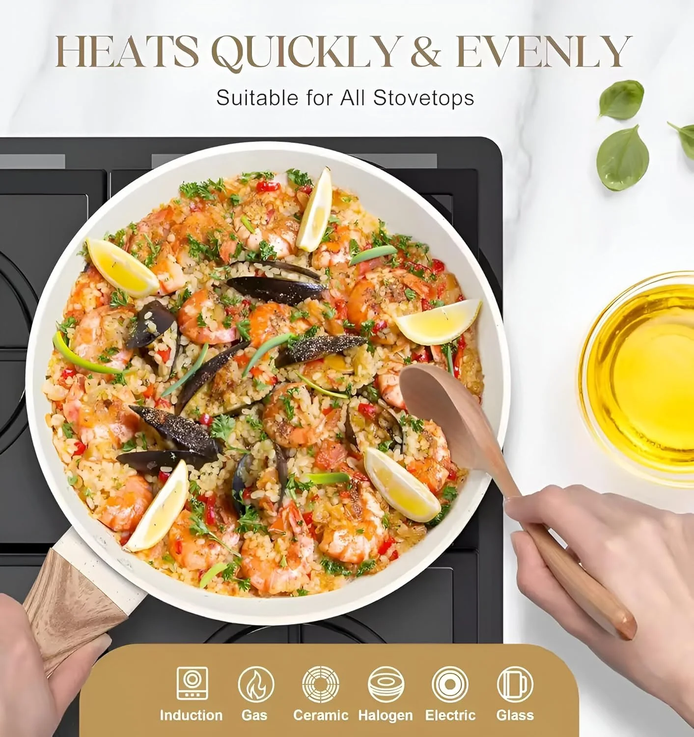 تابه سرخ کن با درب شیشه ای، پوشش تابه سرخ کن عمیق 26 سانتی متری، دسته طرح چوب، تابه سازگار با القایی برای پخت و پز، سالم و بدون PFOA، قابل شستشو در ماشین ظرفشویی