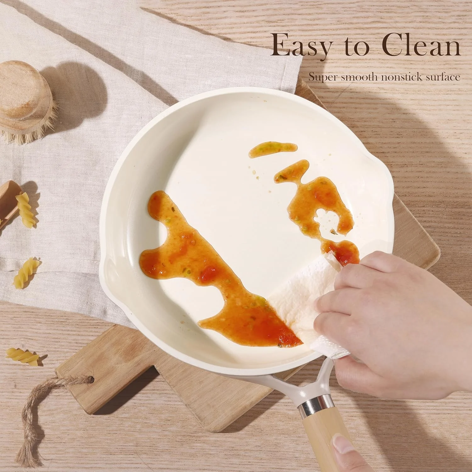 تابه سرامیکی 10 اینچی CAROTE، تابه نچسب، تابه آشپزی سالم و فاقد PFOA/PFAS، سازگار با اجاق های القایی، رنگ بژ