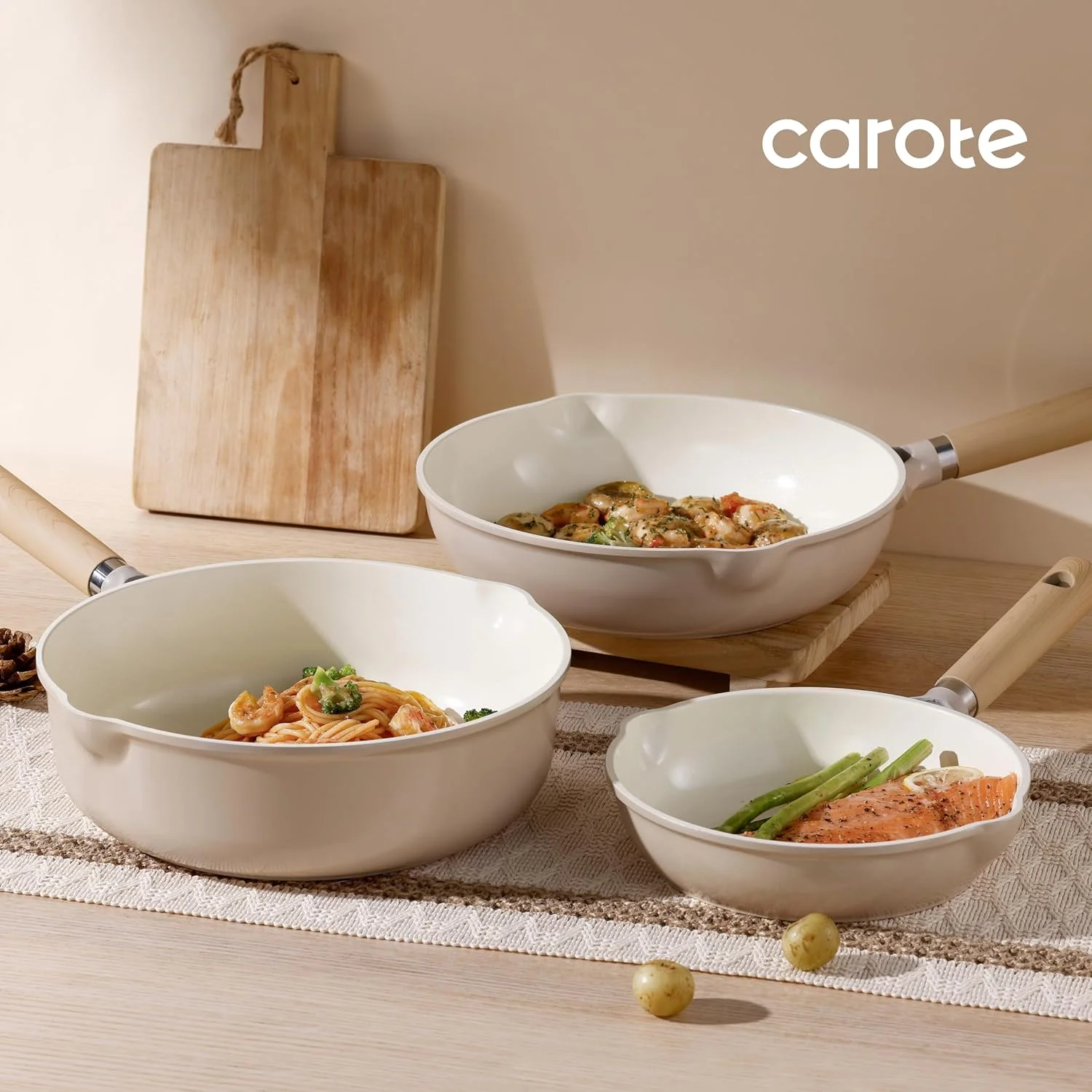 تابه سرامیکی 10 اینچی CAROTE، تابه نچسب، تابه آشپزی سالم و فاقد PFOA/PFAS، سازگار با اجاق های القایی، رنگ بژ
