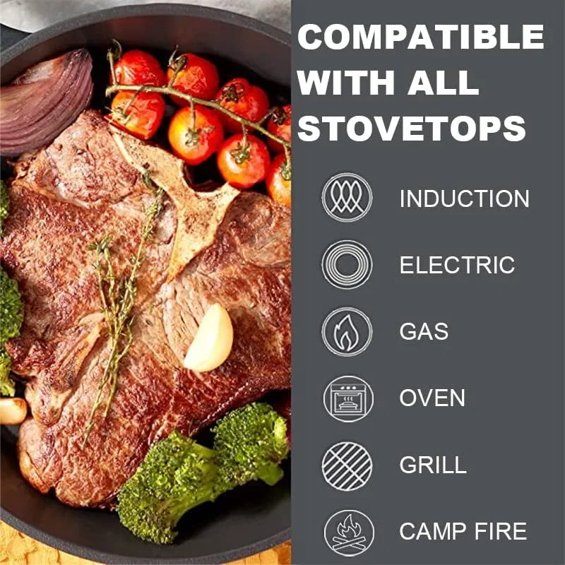 تابه چدنی از قبل روغن‌کاری شده: تابه سرخ‌کردنی چدنی روغن‌کاری شده ارتقا یافته با دسته‌ها - تابه ظروف پخت و پز ممتاز - ظروف پخت و پز گریل ایمن برای استفاده در داخل و خارج از منزل (26 سانتی‌متر، مشکی)