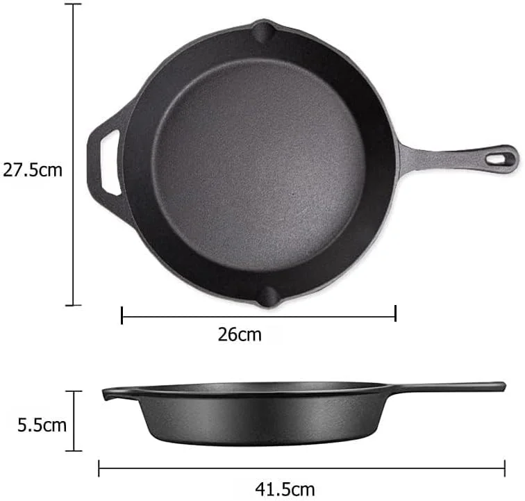 تابه چدنی از قبل روغن‌کاری شده: تابه سرخ‌کردنی چدنی روغن‌کاری شده ارتقا یافته با دسته‌ها - تابه ظروف پخت و پز ممتاز - ظروف پخت و پز گریل ایمن برای استفاده در داخل و خارج از منزل (26 سانتی‌متر، مشکی)