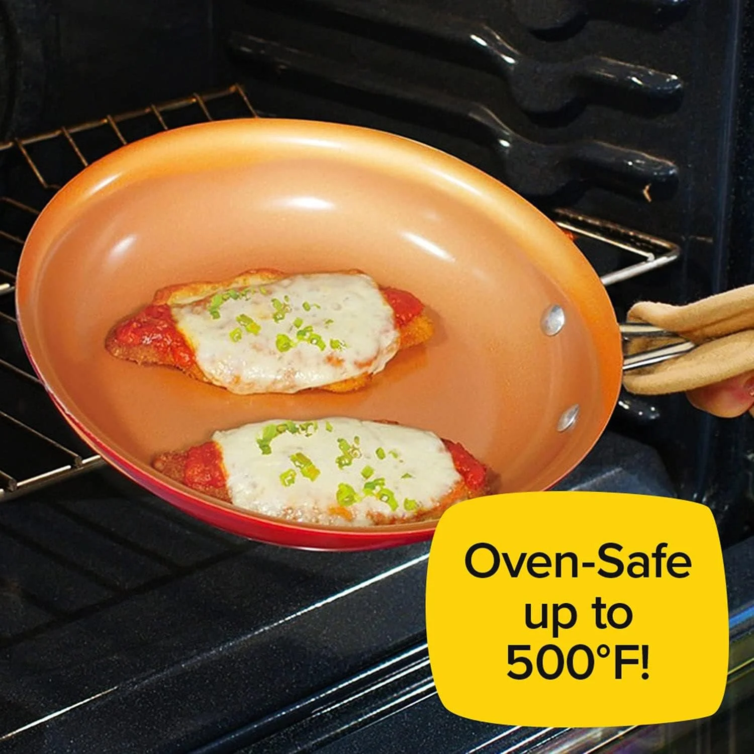 تابه سرامیکی مسی 10 اینچی BulbHead Red Copper، تابه سرخ کن نچسب با روکش مسی مقاوم در برابر خراش، بدون PFOA و PTFE، مقاوم در برابر حرارت از اجاق گاز تا فر تا دمای 500 درجه