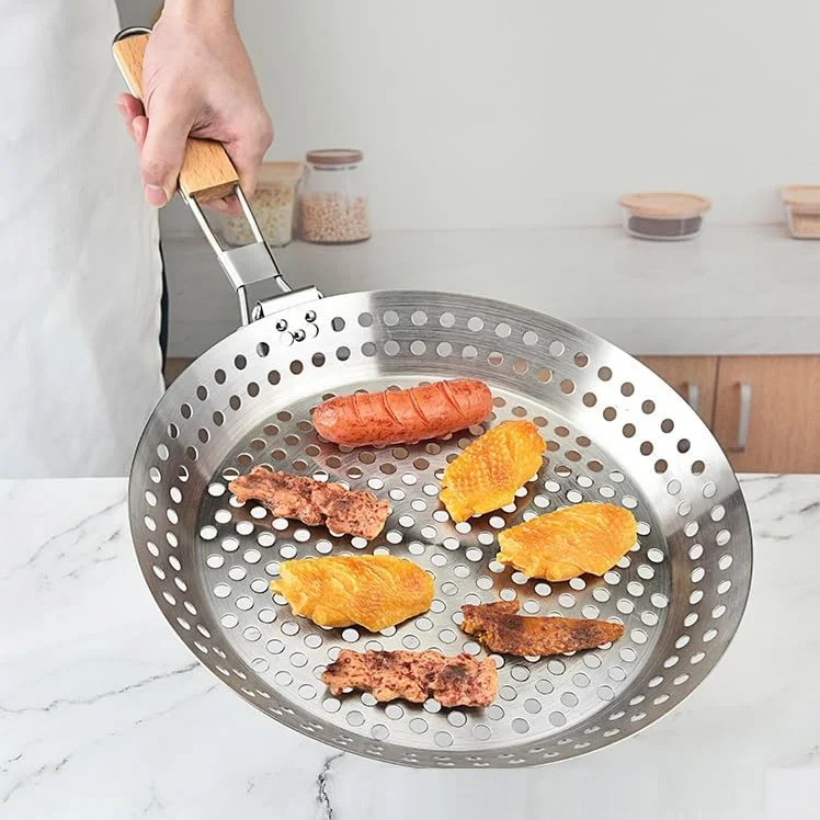 تابه گریل استیل ضد زنگ بافنجی با سوراخ، تابه سرخ کردنی باربیکیو نچسب، تابه گریل نچسب، تابه گریل استیل ضد زنگ 430، تابه باربیکیو با دسته چوبی تاشو