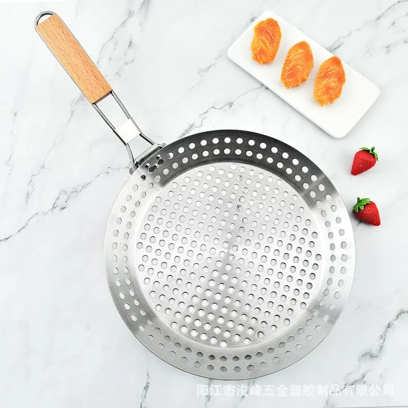 تابه گریل استیل ضد زنگ بافنجی با سوراخ، تابه سرخ کردنی باربیکیو نچسب، تابه گریل نچسب، تابه گریل استیل ضد زنگ 430، تابه باربیکیو با دسته چوبی تاشو